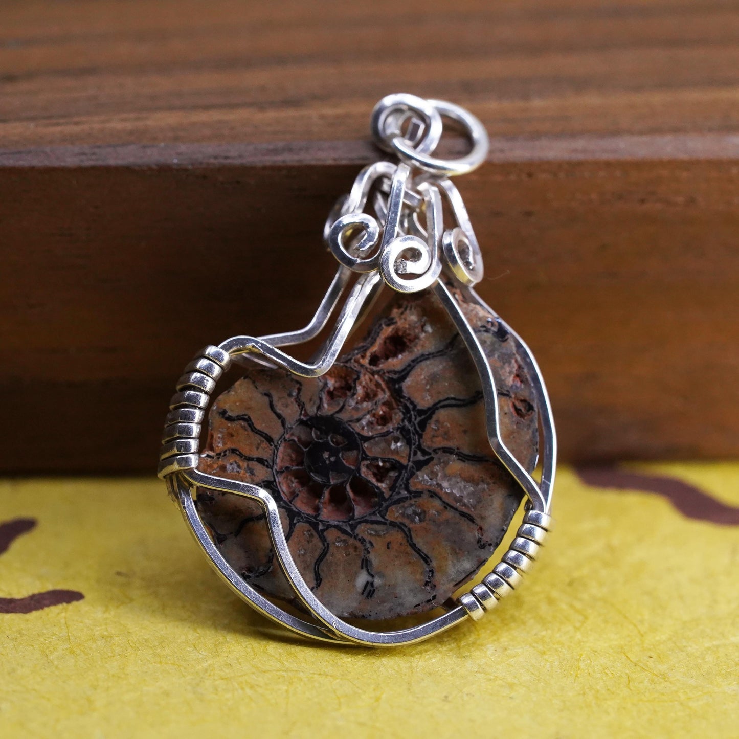 Vintage Sterling silver handmade pendant, solid 925 silver wired fossil shell