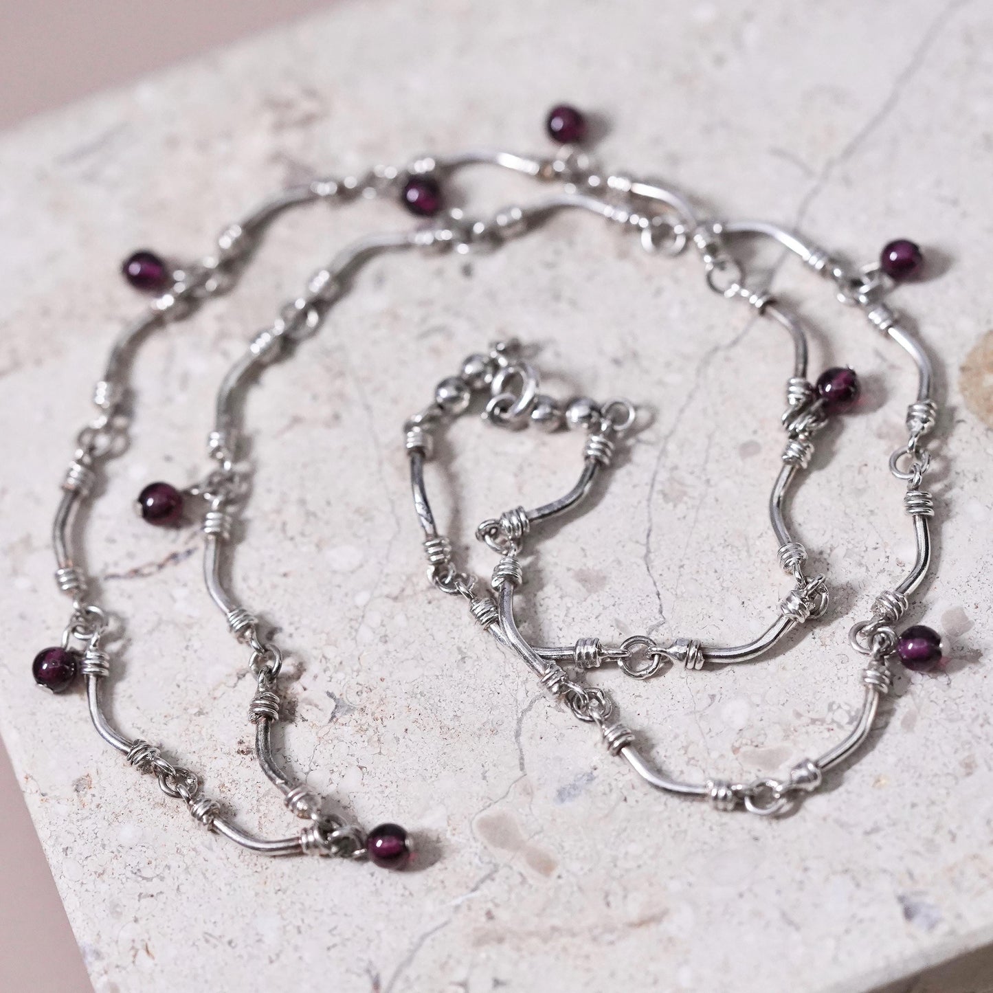 16” 2mm, vintage Sterling silver necklace, 925 bone bar chain with garnet beads
