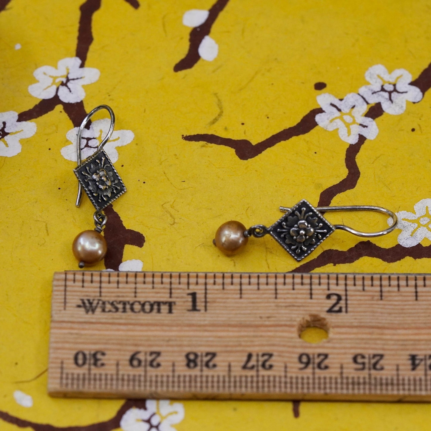 Vintage sterling silver handmade earrings, 925 square flower drops with pearl