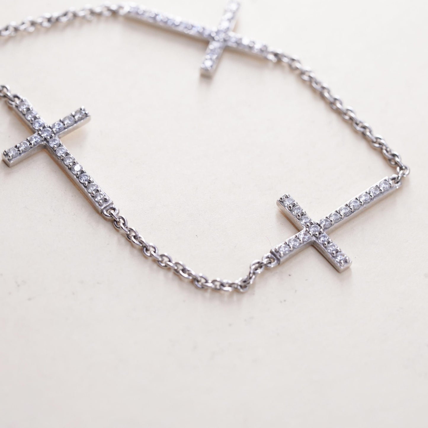 6.5+1”, VTG sterling 925 silver circle chain bracelet cluster cz cross charms