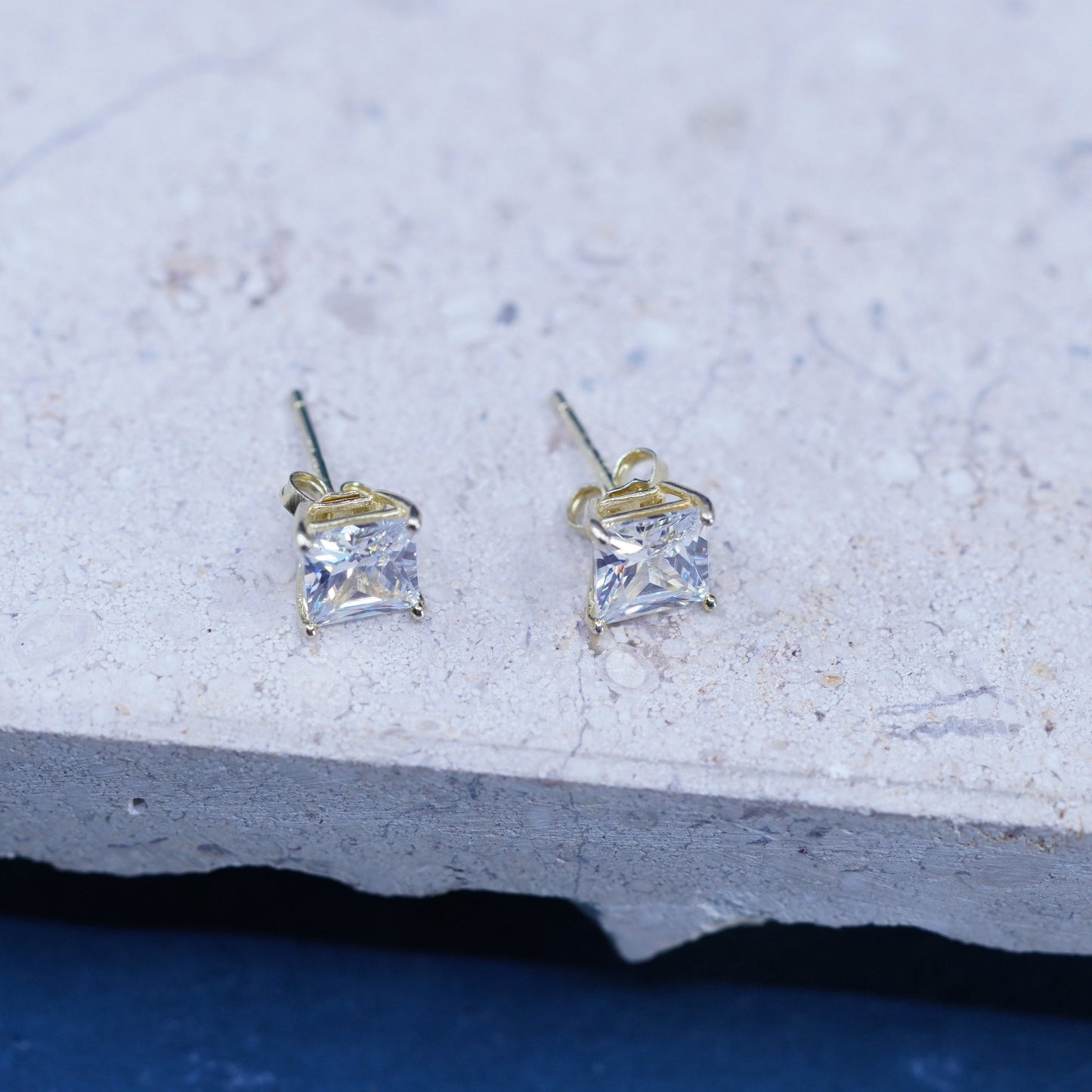 vermeil gold over sterling silver earrings, square 925 silver square studs CZ