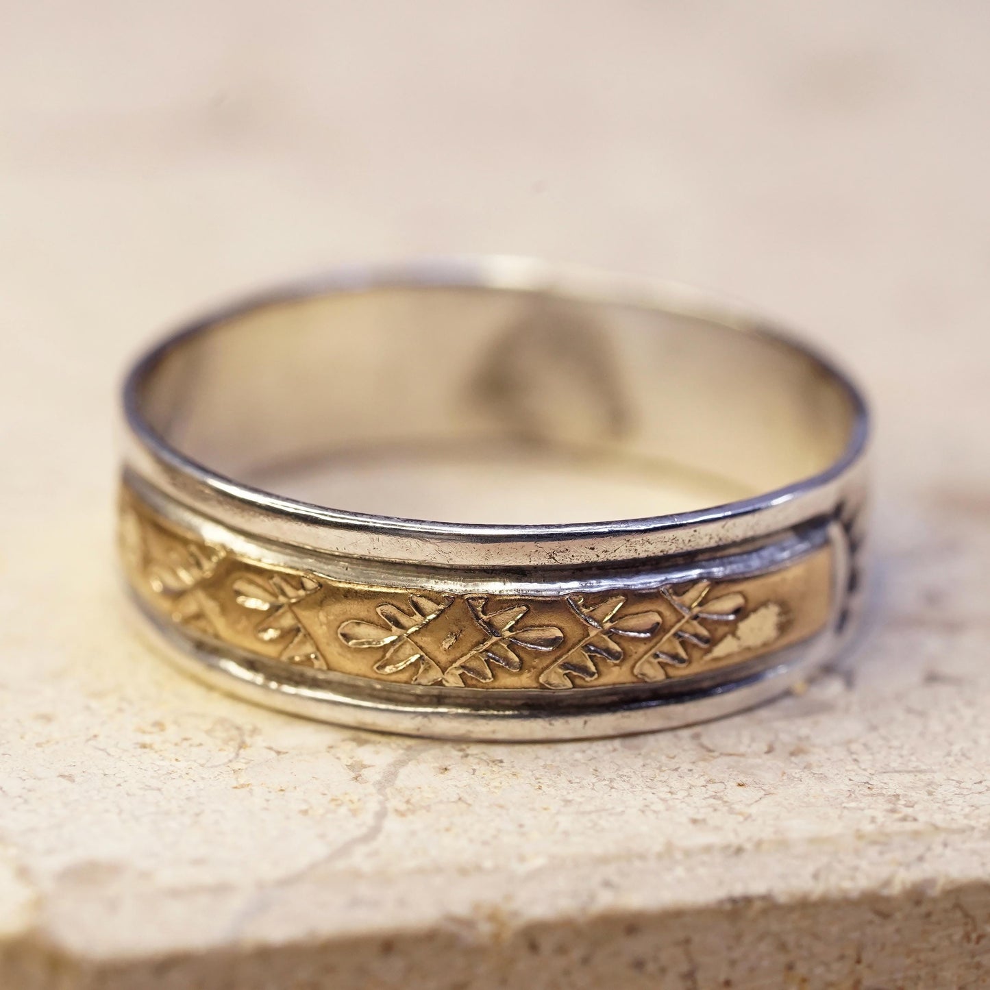 Size 10, Native American Keith James sterling silver 14K GF ring, Navajo 925