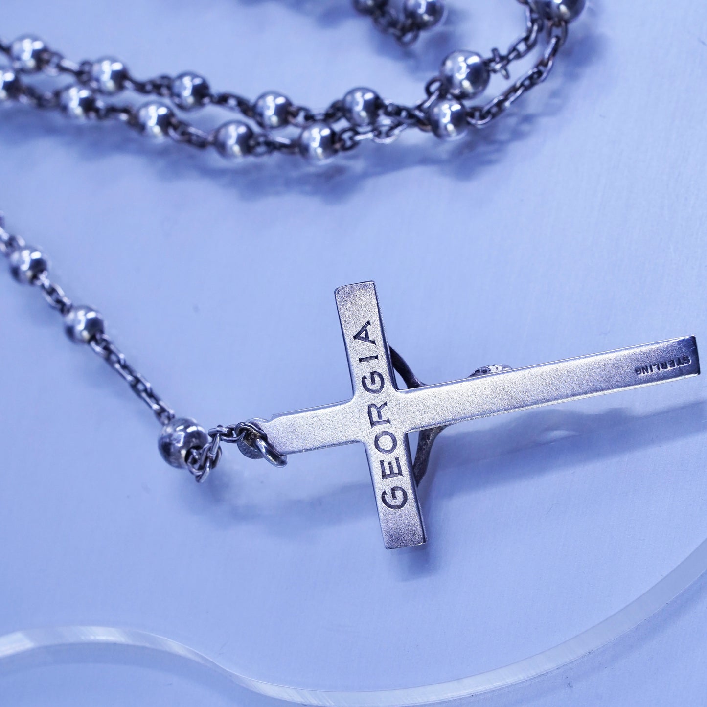 24”, Georgia sterling silver rosary necklace circle chain Jesus cross beads