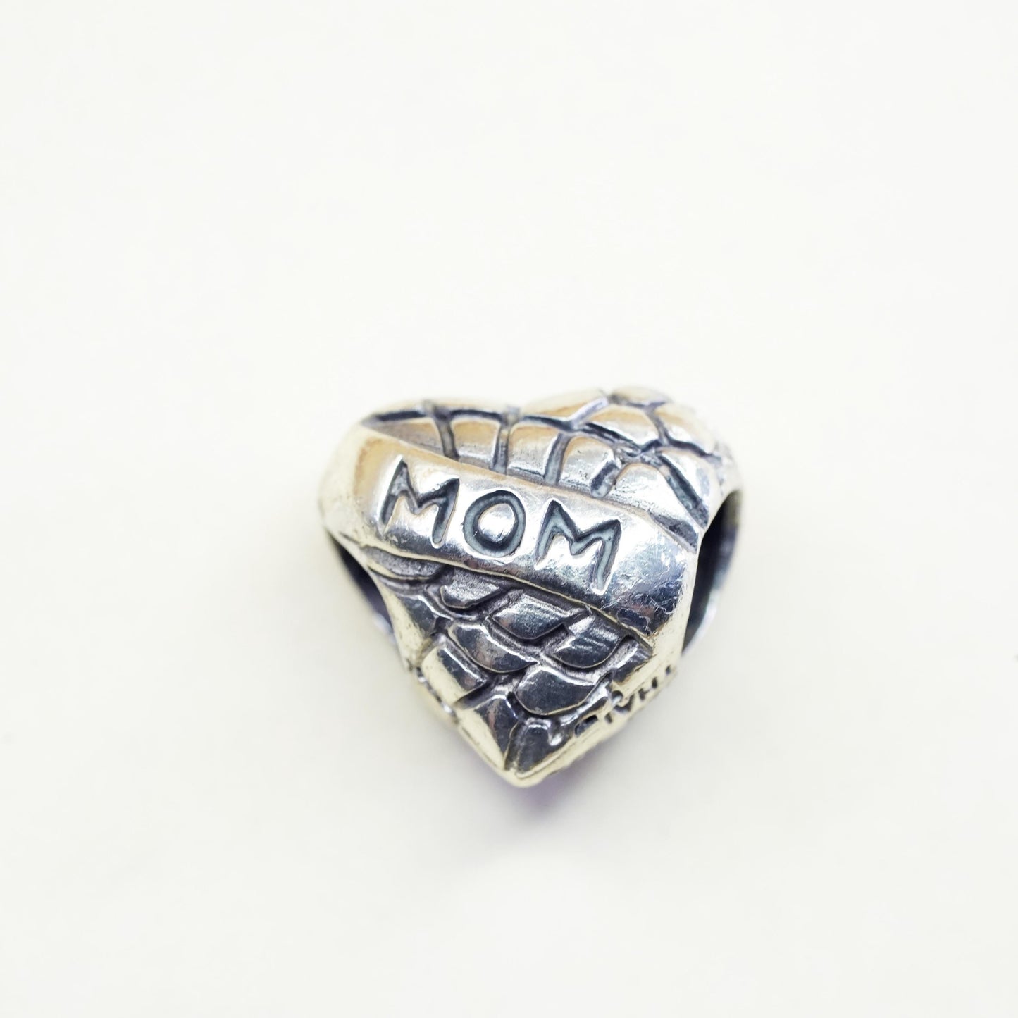 Vintage Sterling silver handmade bead charm, solid 925 silver heart pendant mom