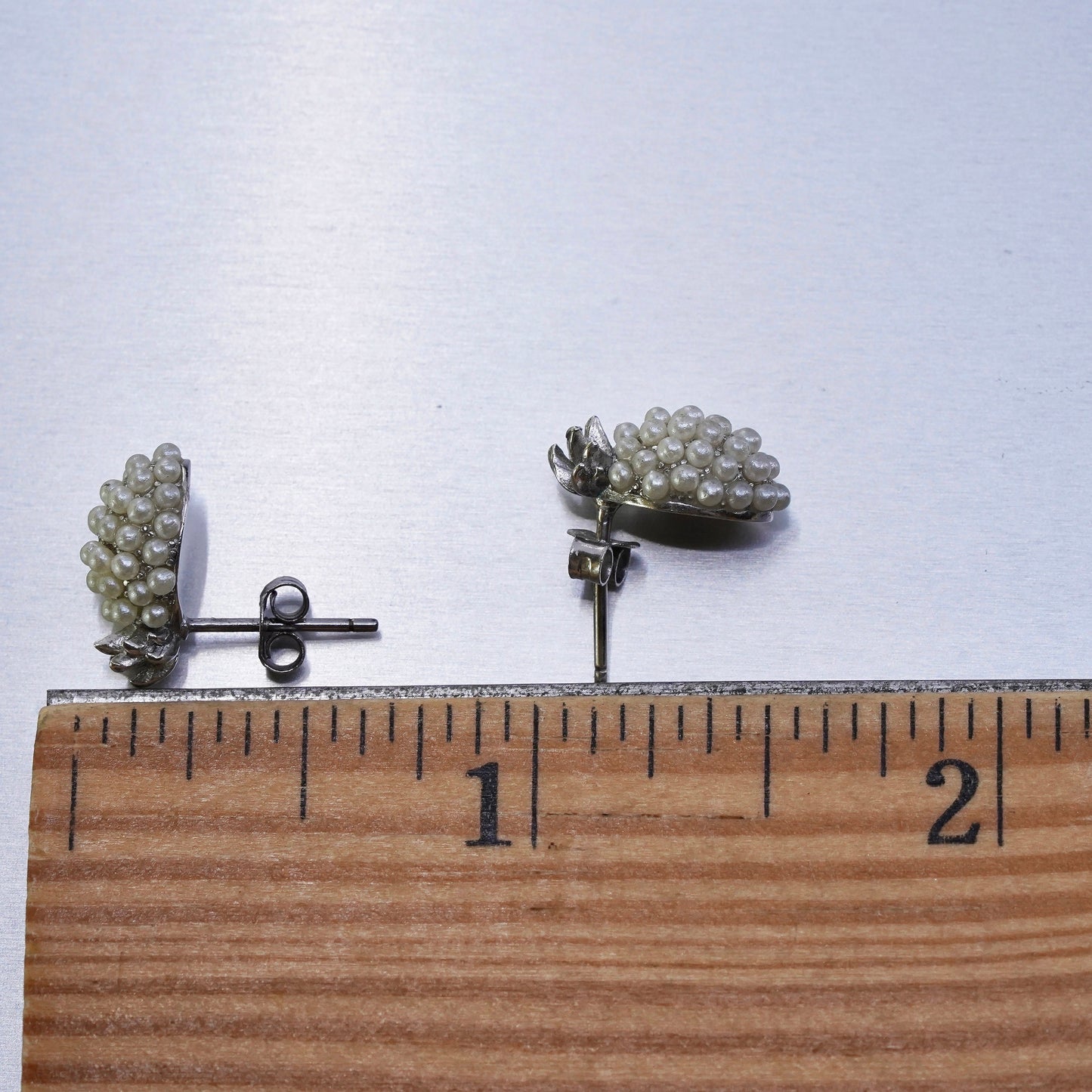 Vintage Sterling 925 silver handmade earrings, cluster pearl grenade studs