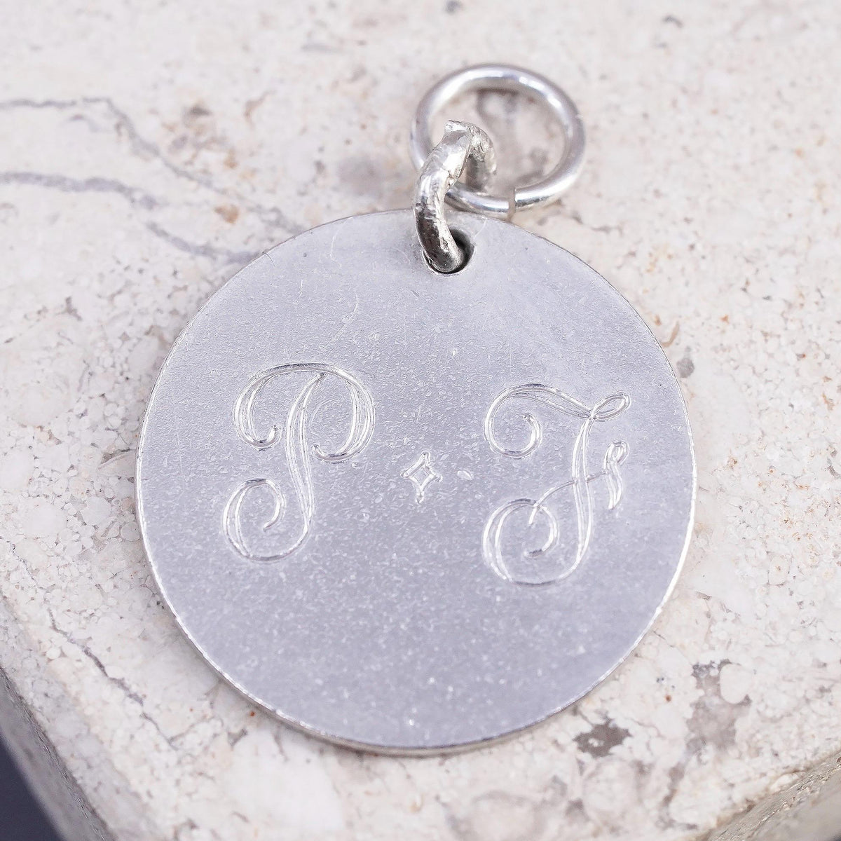 sterling silver pendant, 925 circle tag laser engraved initial "PF", monogram