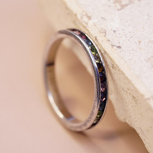Size 8, vintage Sterling silver stackable ring, 925 band w/ multi color crystal