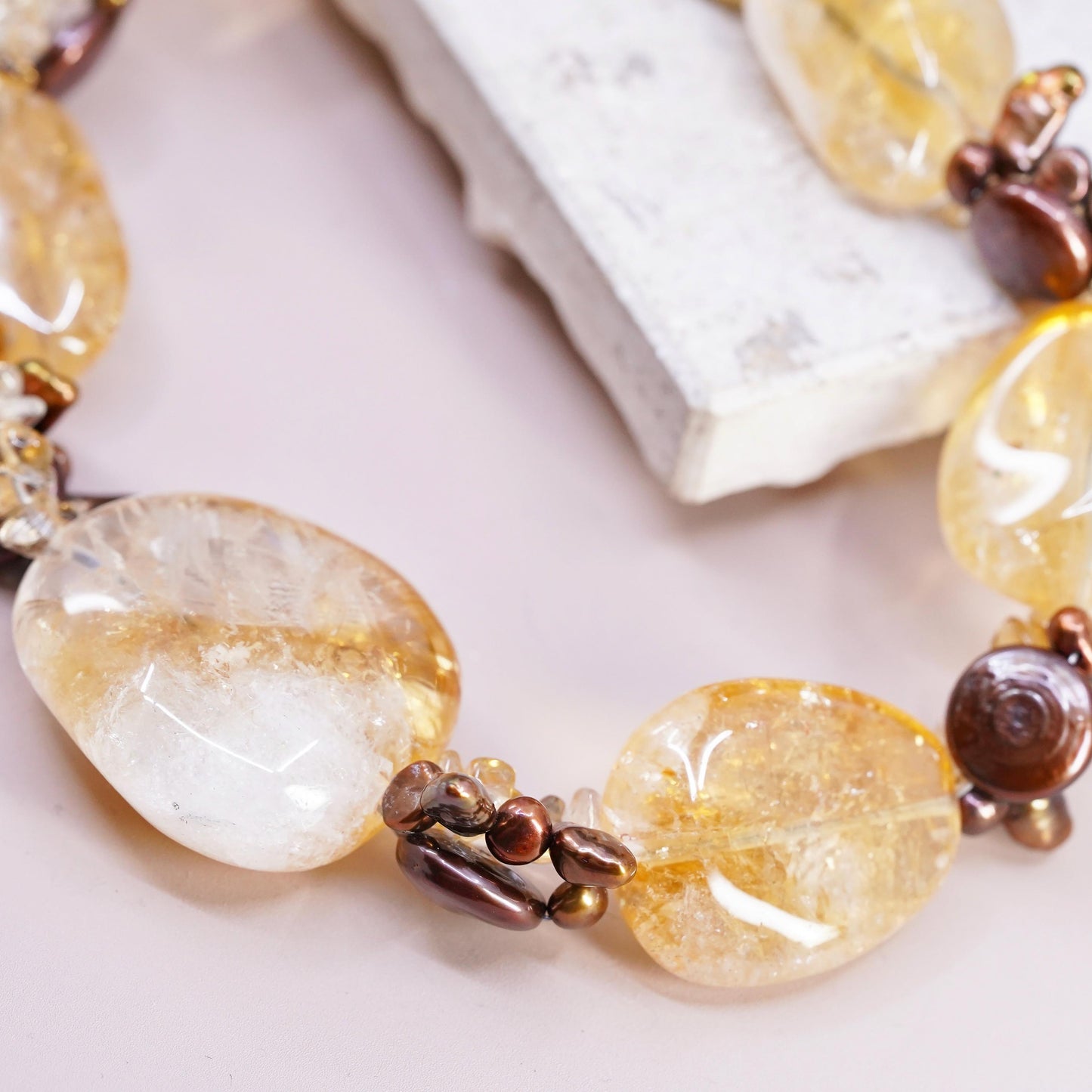 16+2", VTG Deb Guyot Sterling 925 silver chunky citrine coin pearls Necklace