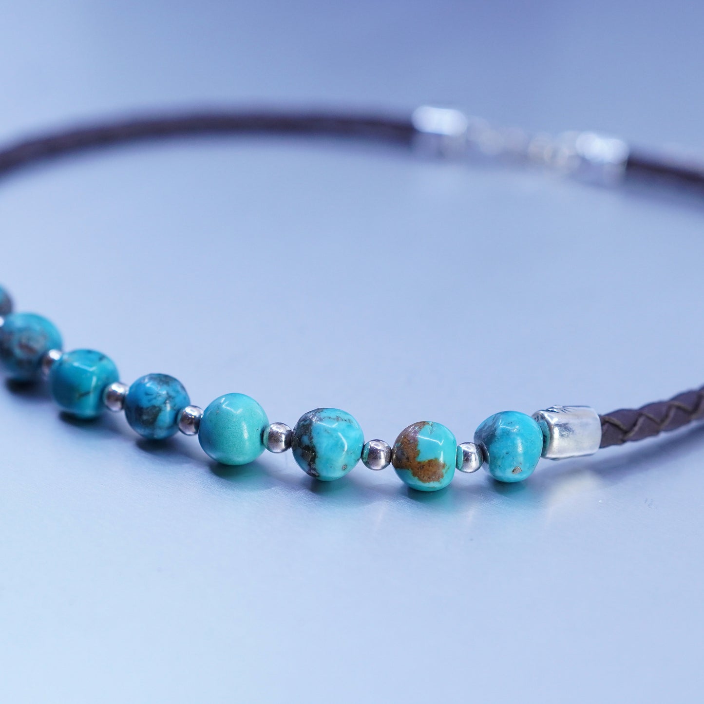 16+3” southwestern 925 Sterling Silver woven Leather choker Necklace turquoise