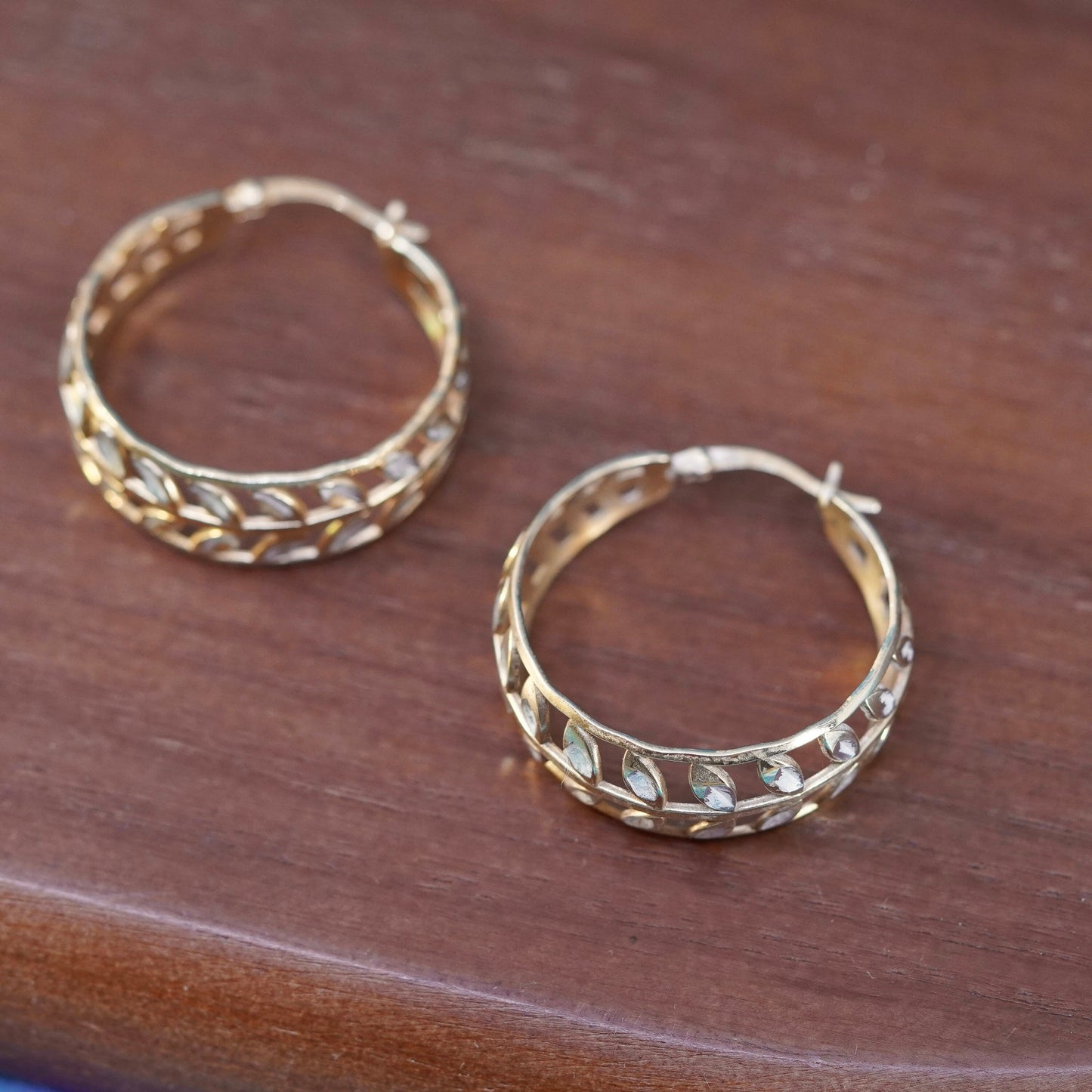 1”, vintage vermeil gold over Sterling silver earrings, 925 leafy hoops