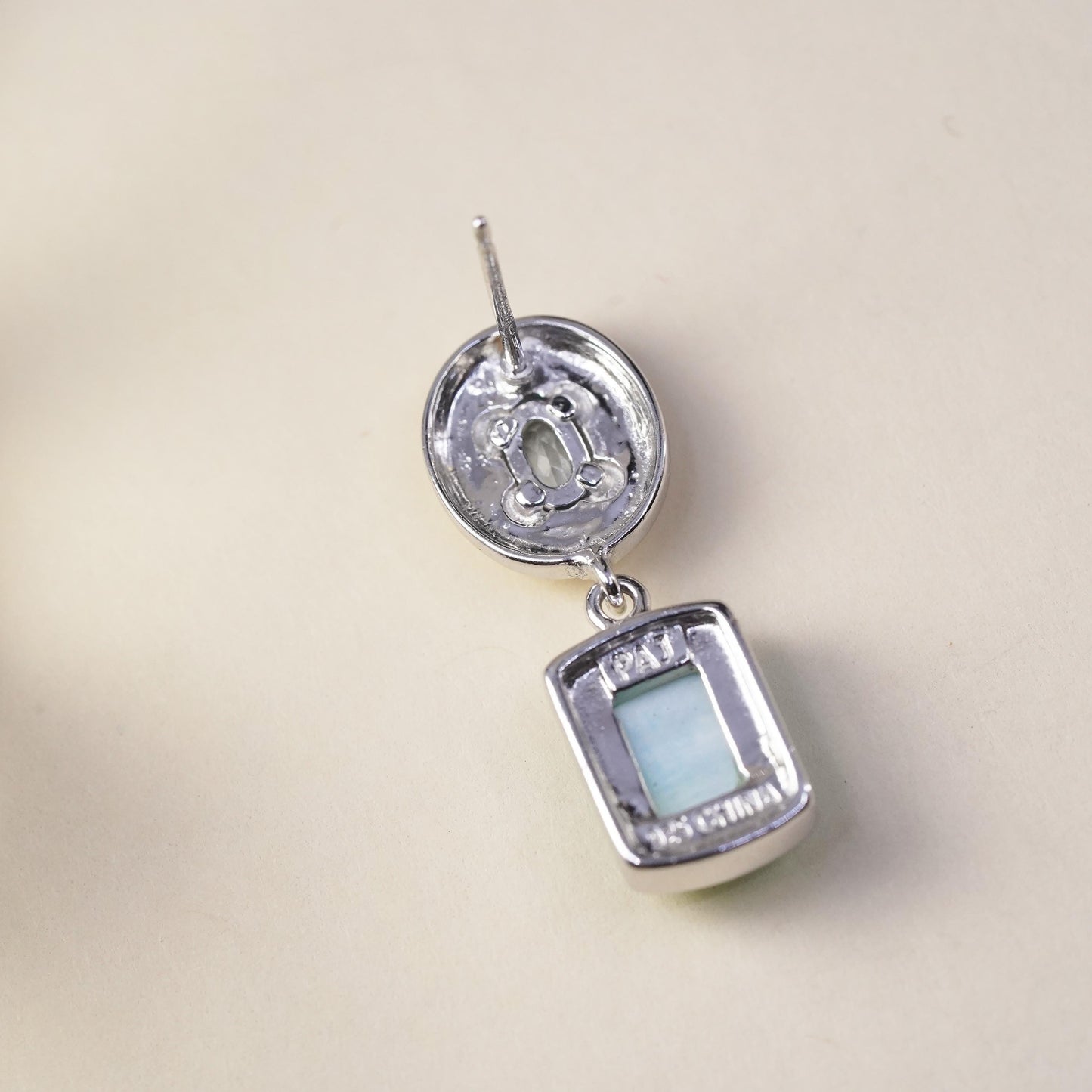 Vintage sterling 925 silver handmade single earring w/ blue mother of pearl cz