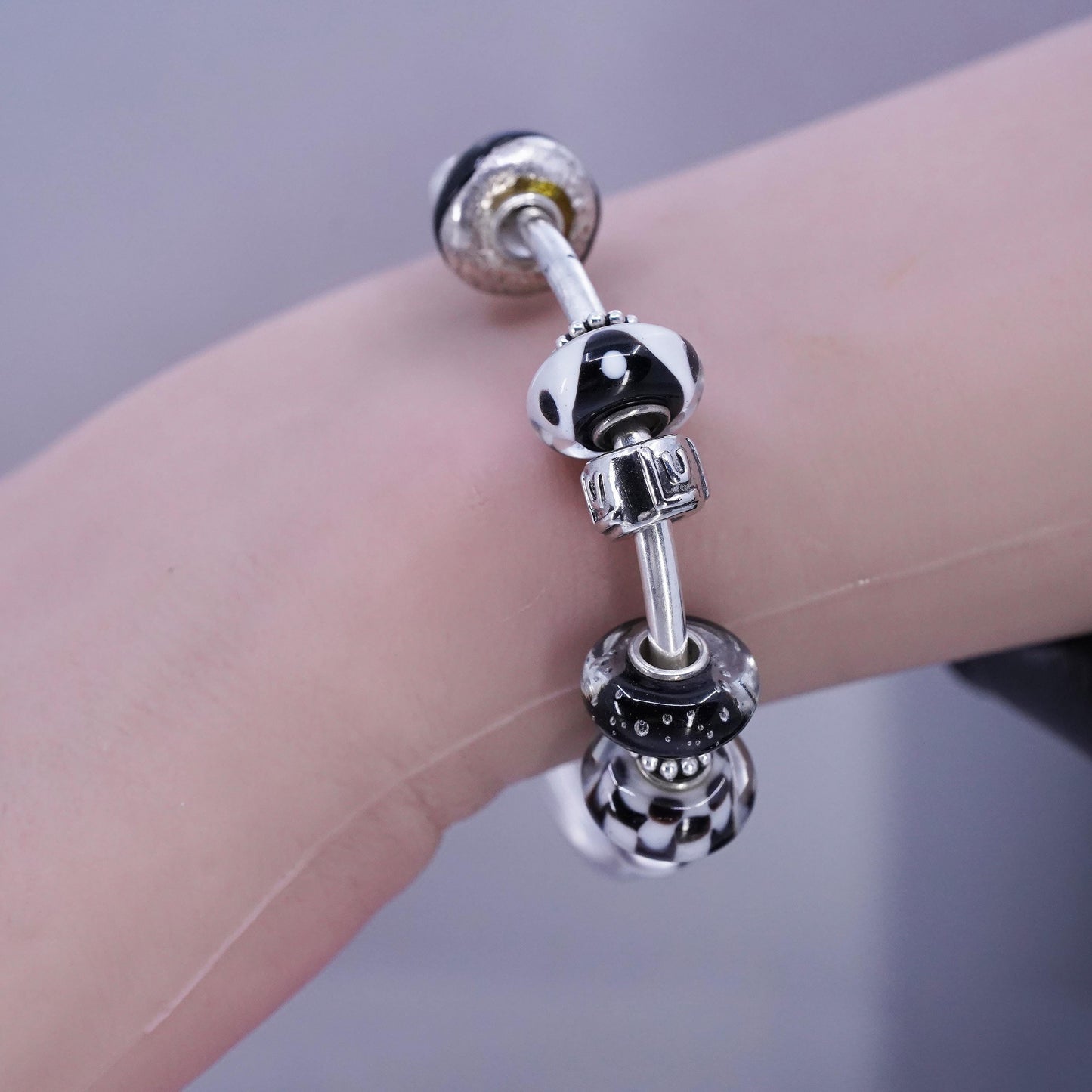 7” 2mm, Vintage Sterling 925 silver handmade bracelet, bangle with glass beads