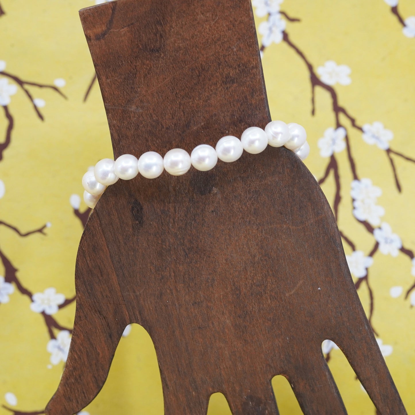 7”, Italian yellow gold over Sterling silver bead 10mm pearl elastic bracelet