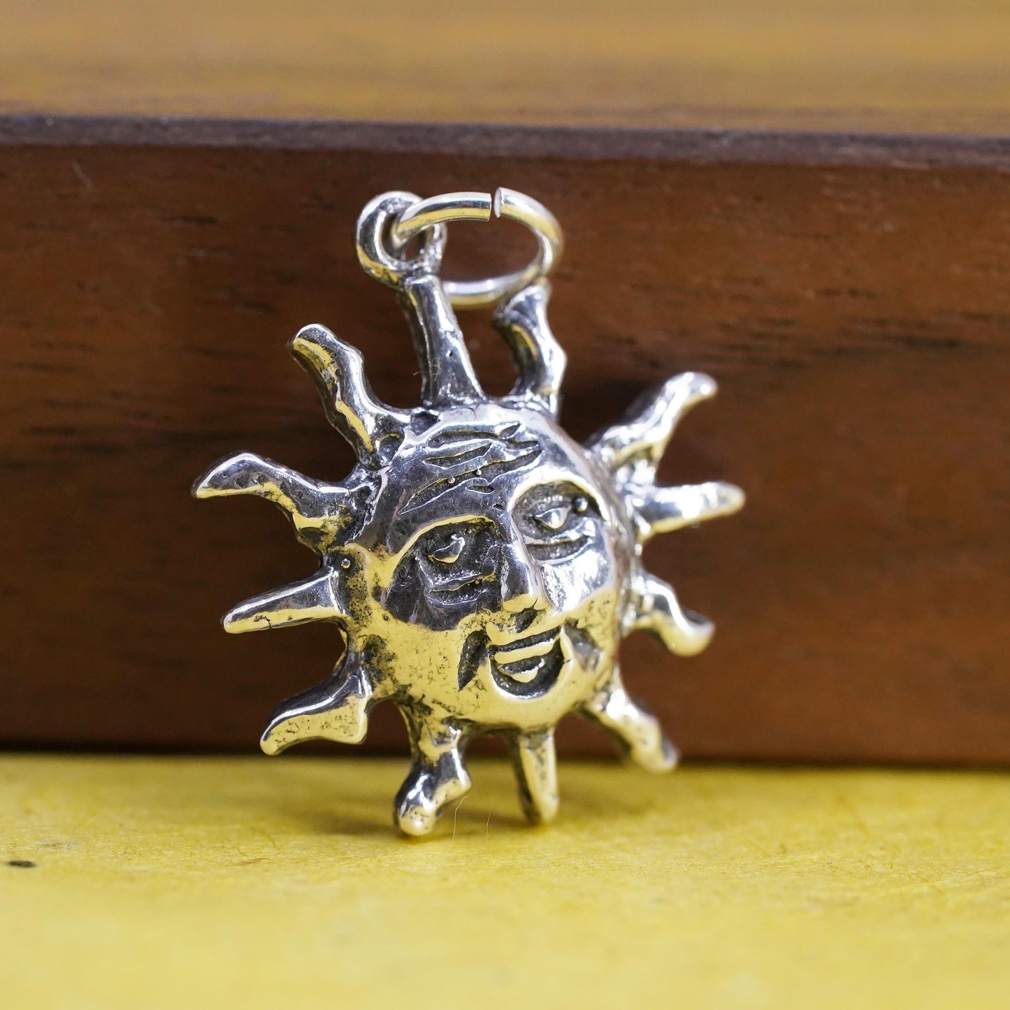 Vintage Sterling silver handmade sun face pendant, 925 sun charm