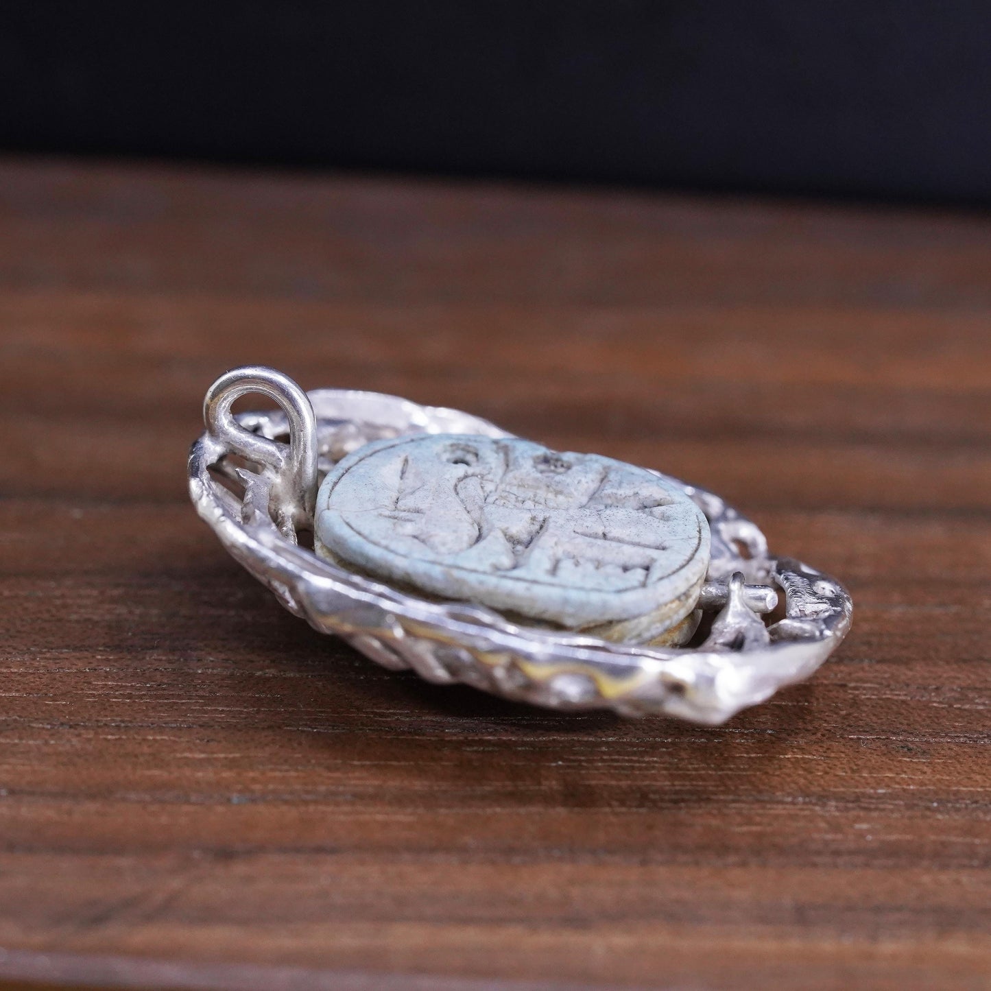 Sterling silver pendant, Egyptian filigree 925 charm turquoise Scarabs beetle