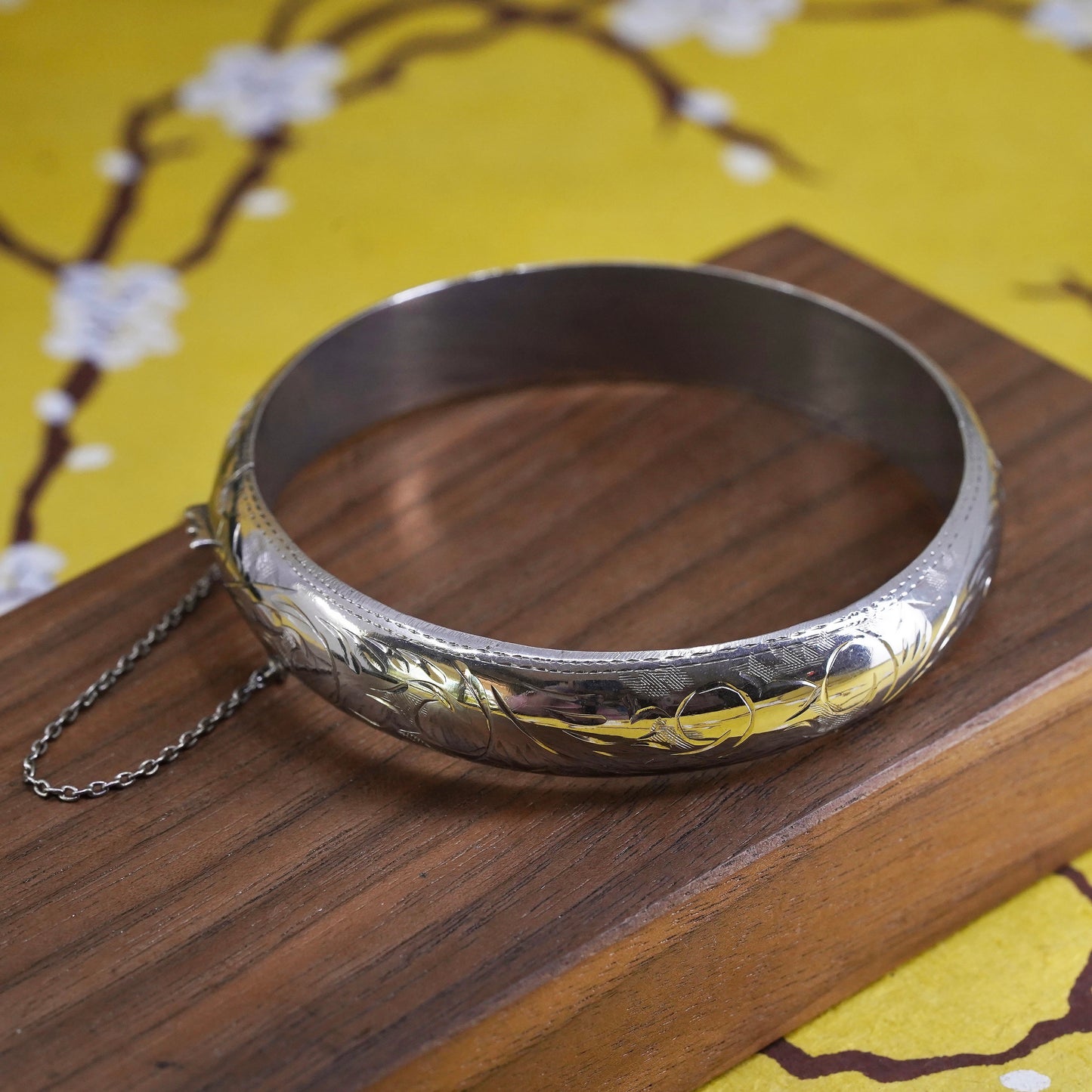 7.25”, Vintage Sterling silver handmade bracelet, 925 textured hinged bangle