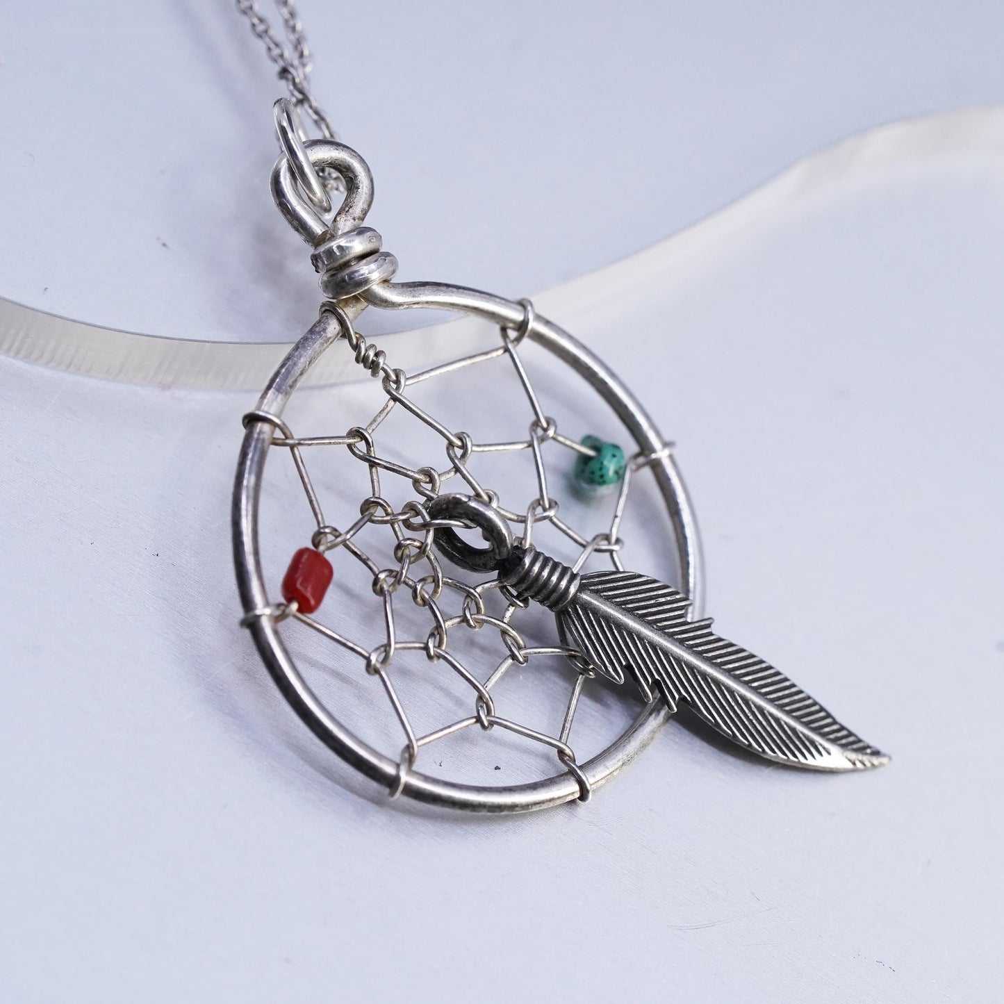 18", Native American Sterling 925 Sterling silver necklace feather pendant