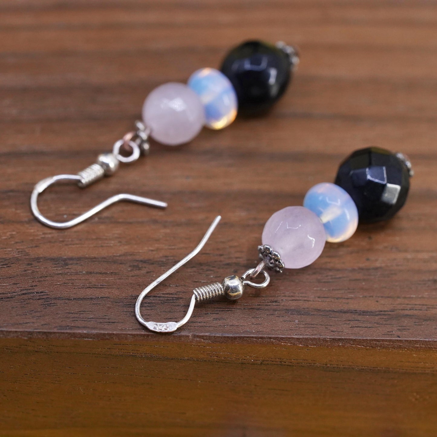 Vintage Sterling 925 silver handmade earrings with onyx opal pink quartz beads