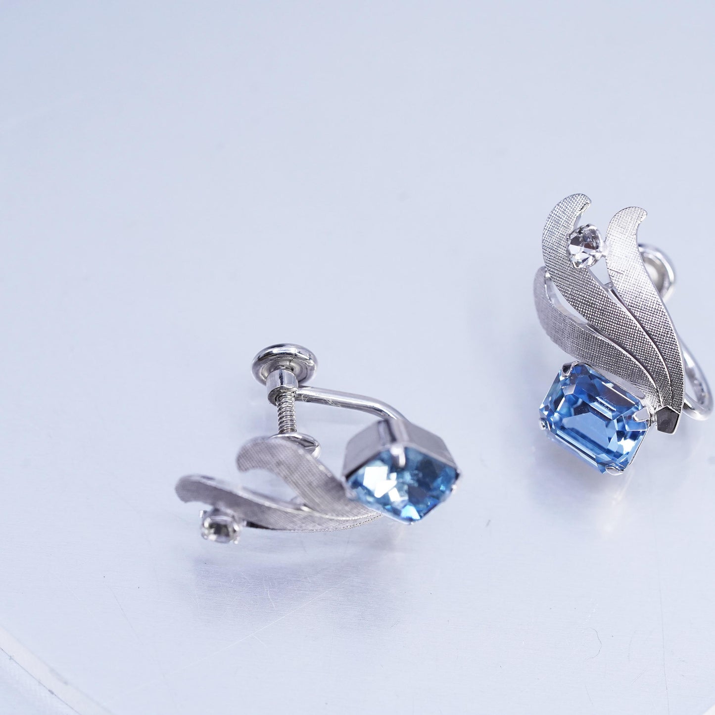Vintage Vandell Sterling 925 silver earrings, screw back floral blue rhinestone