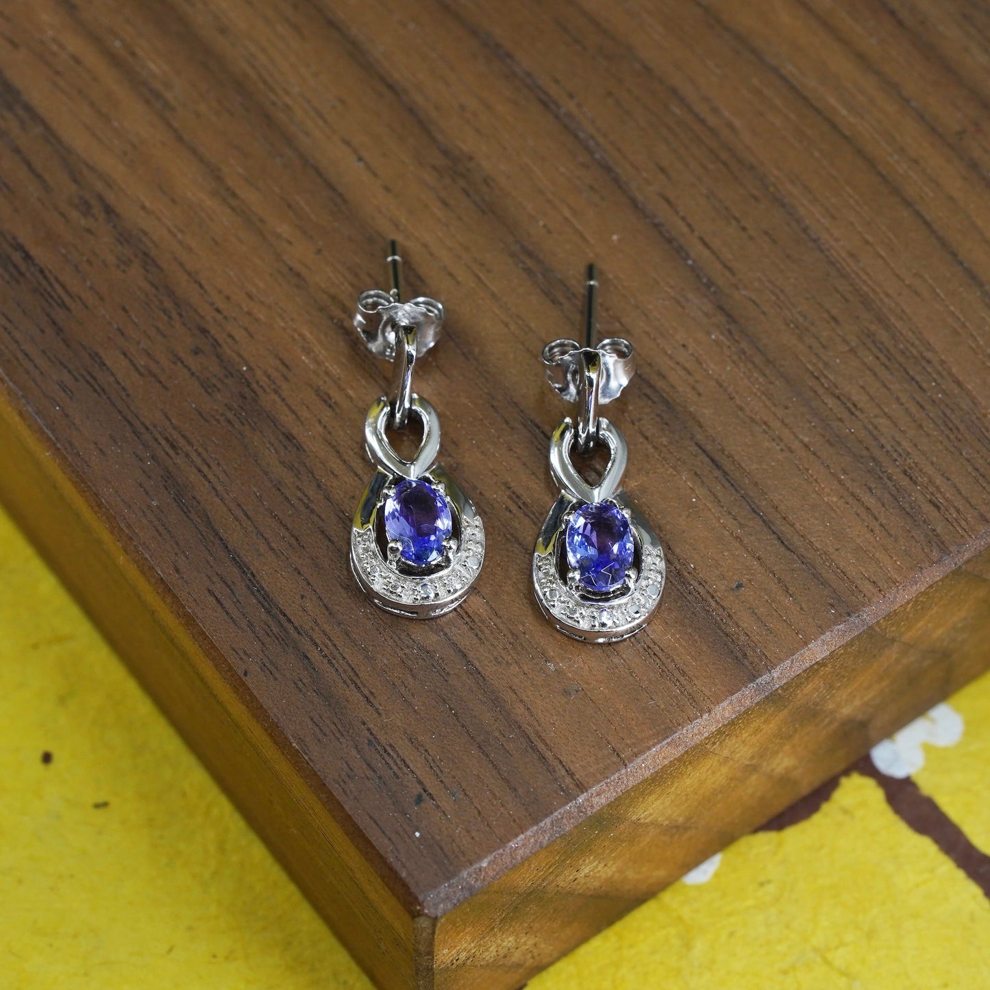 Vintage Sterling 925 silver teardrop earrings with amethyst and diamond