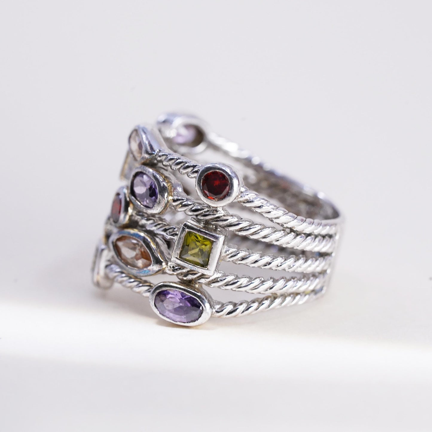 Size 9, 925 Sterling Silver Multi Gemstone Wide Cable Band Ring, Peridot Topaz