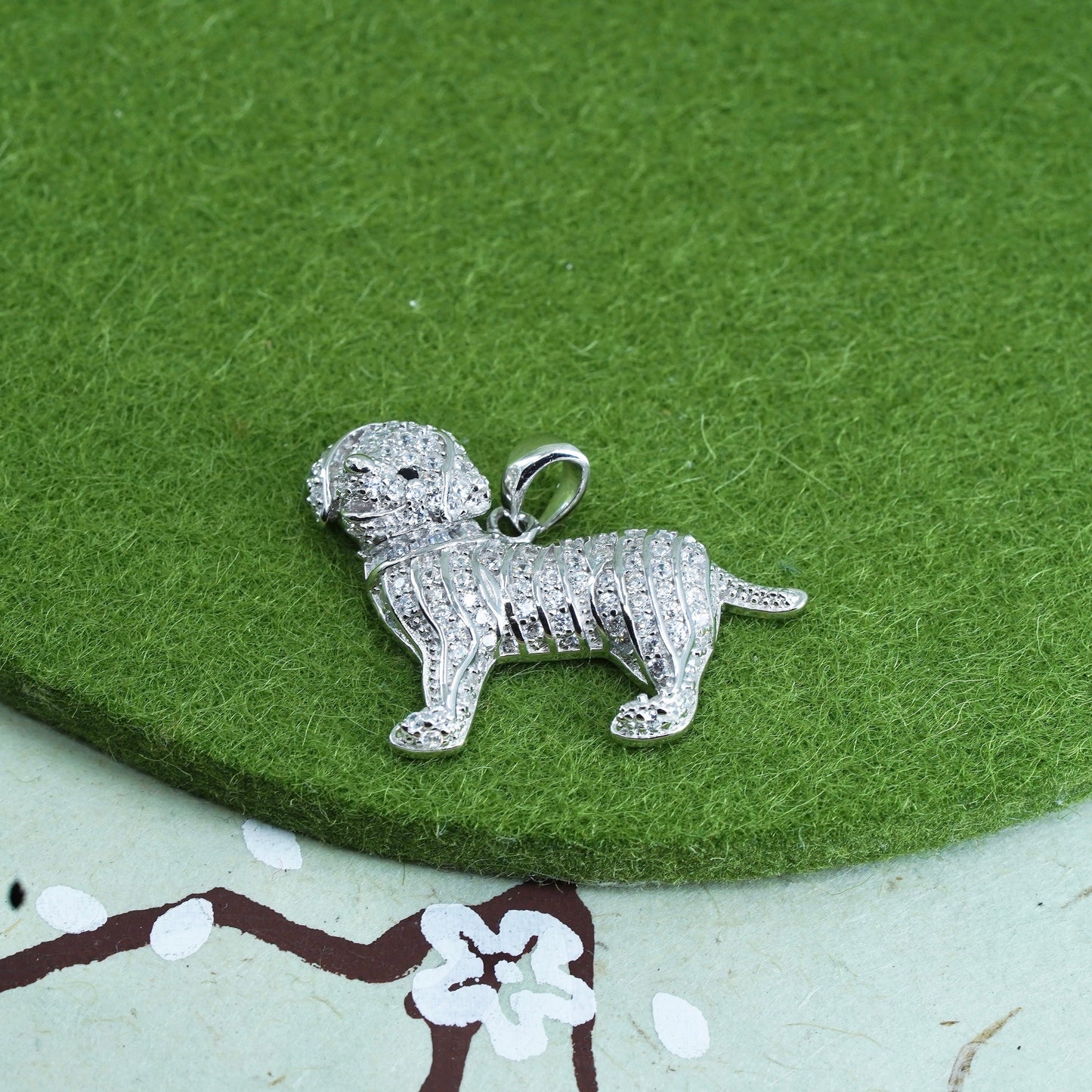 Vintage sterling 925 silver dog pendant with cluster clear Cz