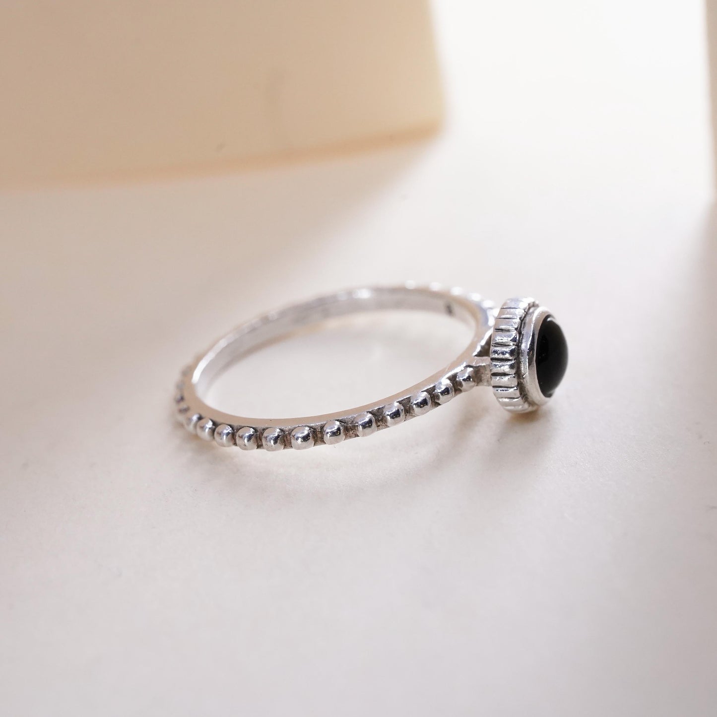 Size 8, Vintage sterling 925 silver handmade ring, stackable band with onyx