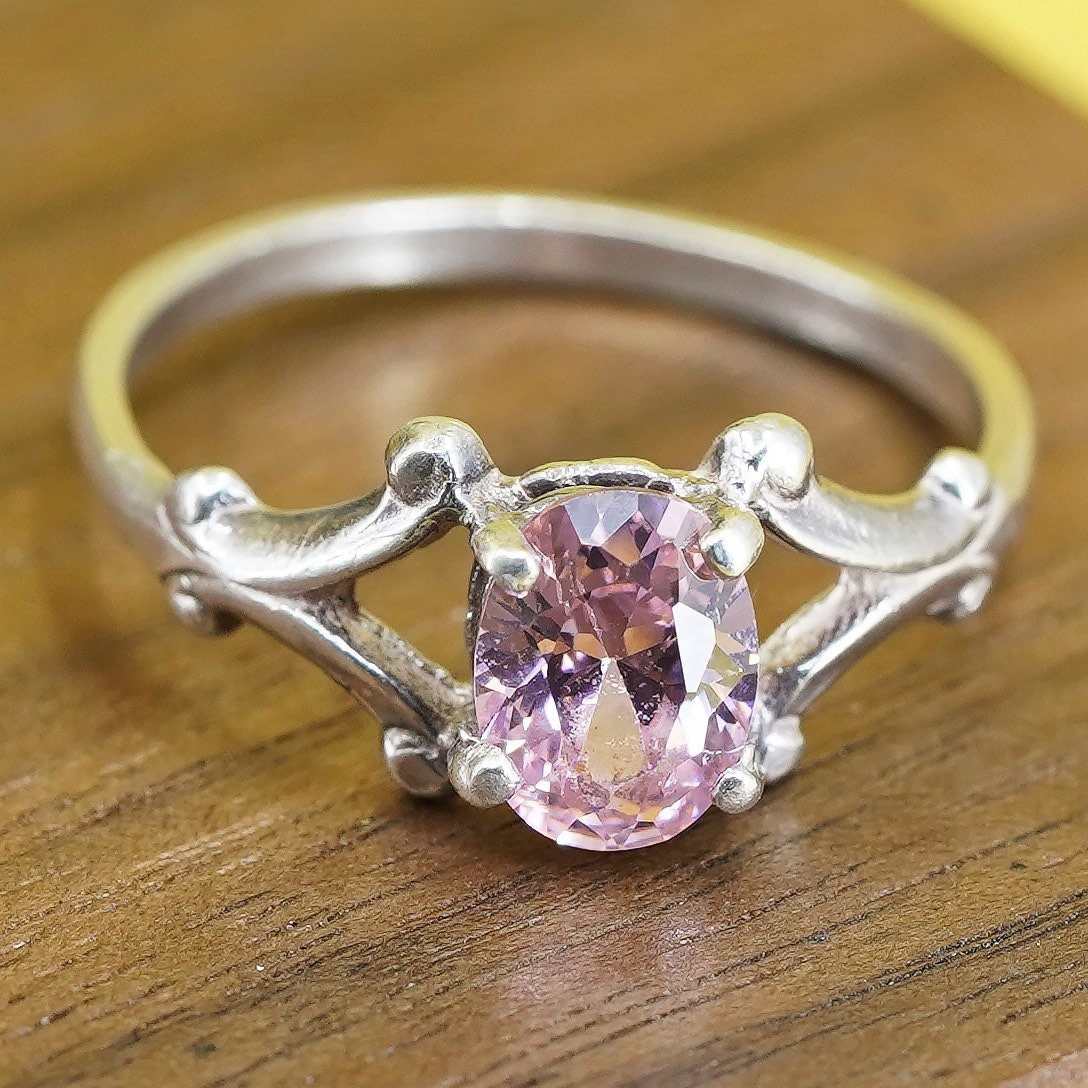 Size 9.5, vintage Sterling 925 silver handmade ring with pink crystal
