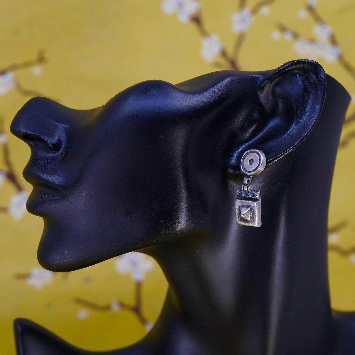Vintage Sterling silver earrings, 925 pyramid square dangle with blue crystal