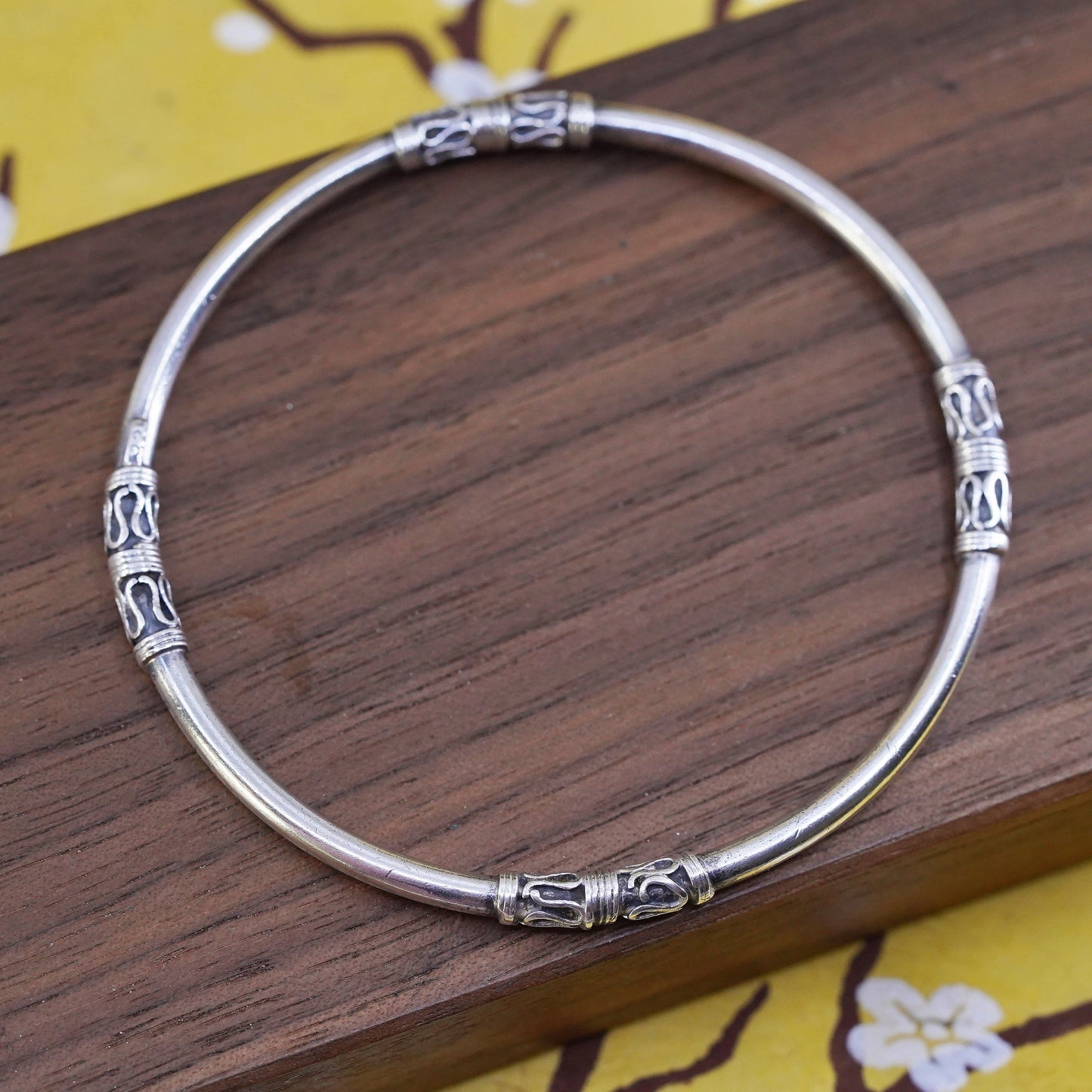7.75”, Vintage Sterling silver handmade stackable bracelet, 925 Bali bangle
