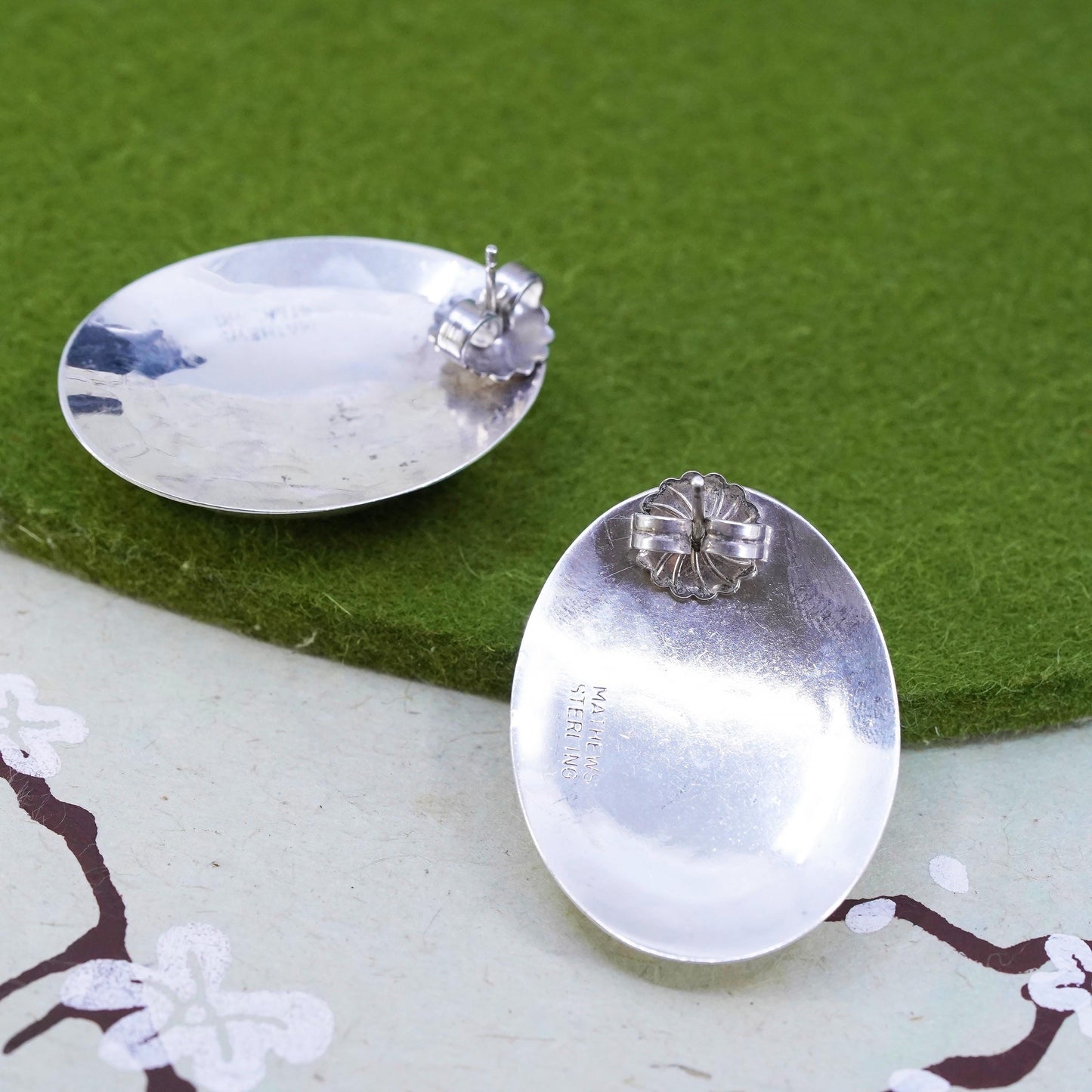 Vintage southwestern Mathews sterling silver malachite earrings, oval 925 studs
