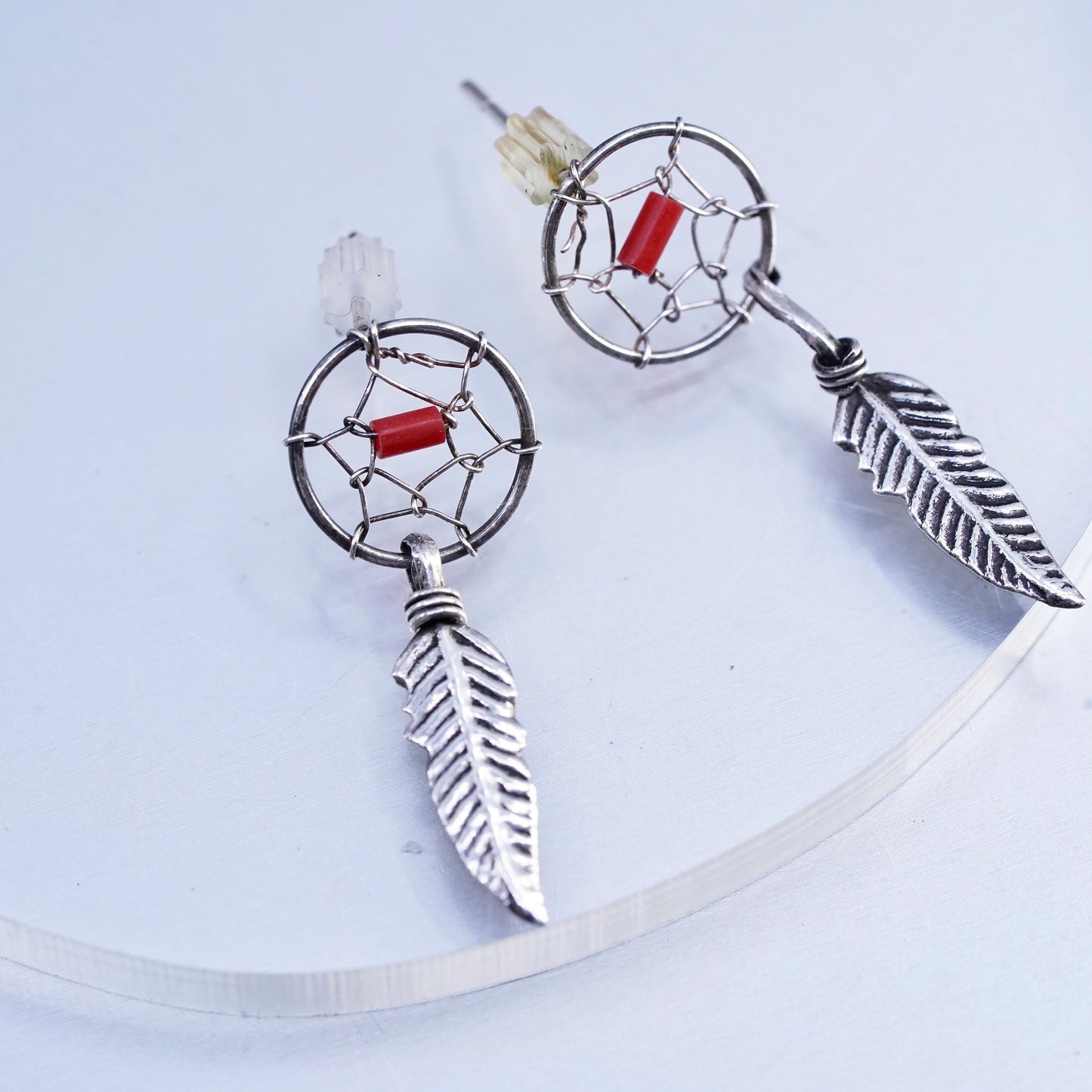VTG Navajo Native American Sterling 925 silver earrings coral feather dangles