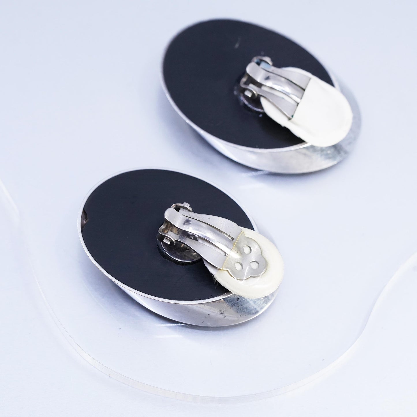 Vintage Varga Sterling Silver Oval Clip On Earrings with onyx and spiral inlay