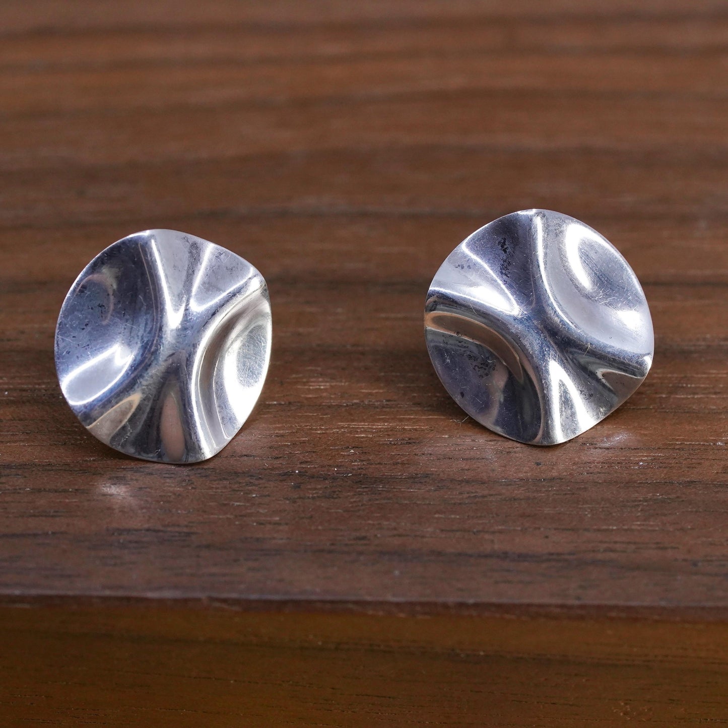vintage southwestern Sterling silver handmade studs, wrinkly circle earrings cz