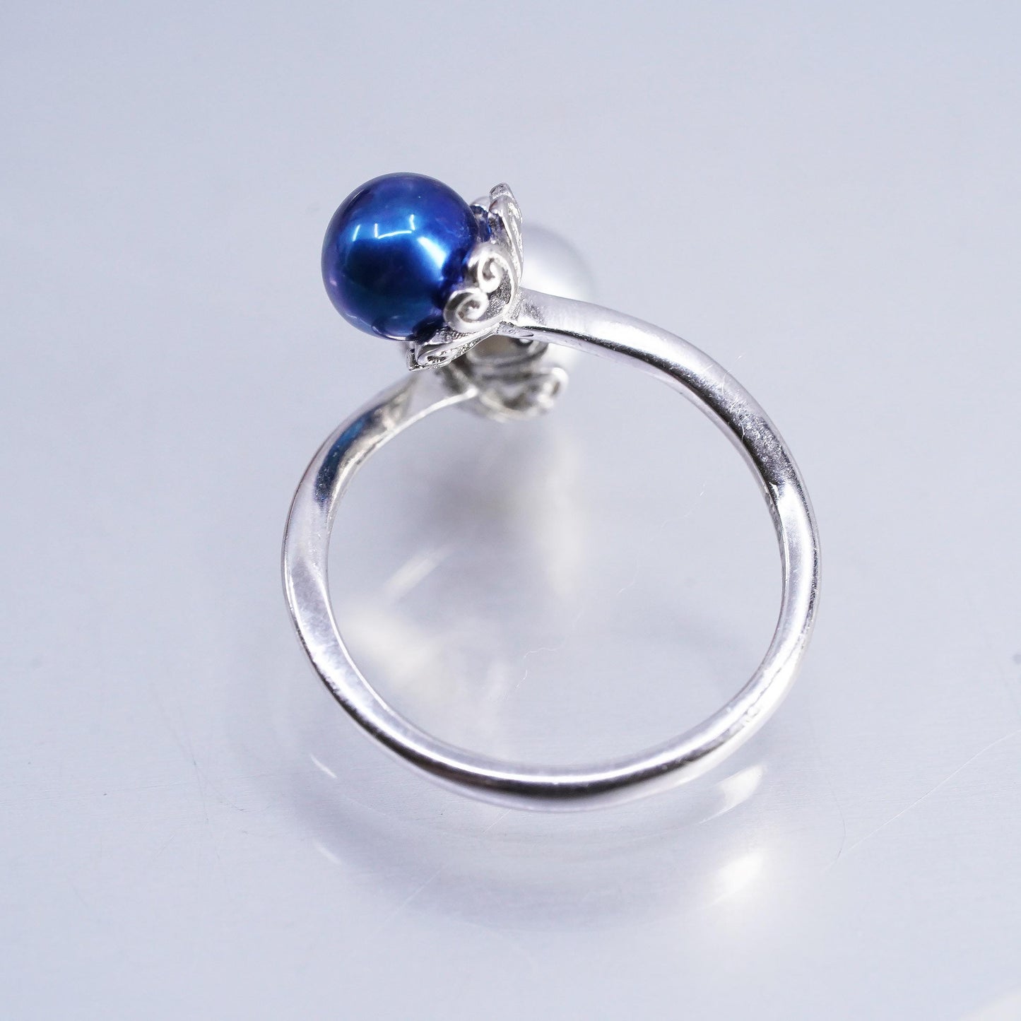 Size adjustable, vintage Sterling 925 silver wrap band ring blue gray pearl