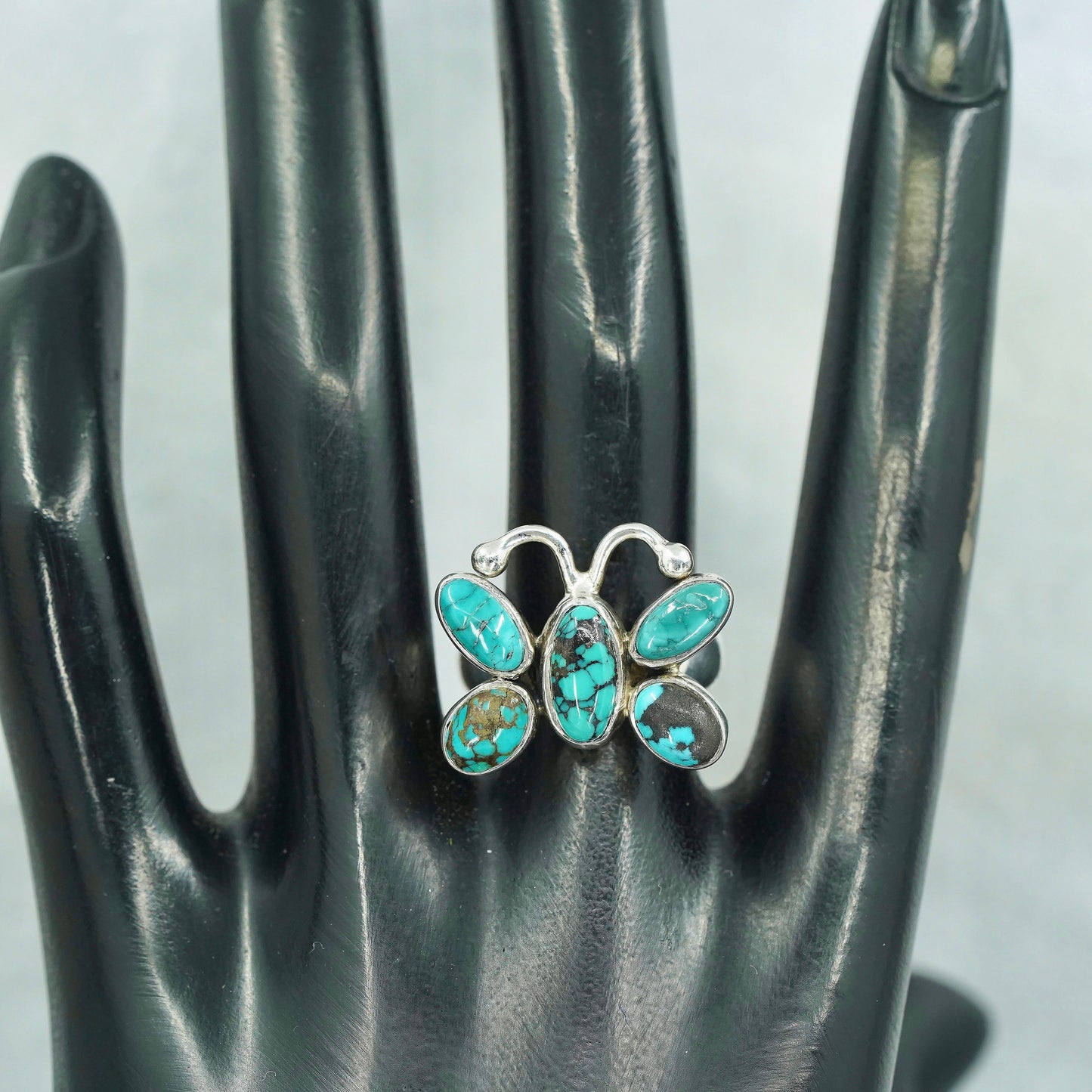 Size 7.25, Native American navajo Sterling 925 silver butterfly ring turquoise