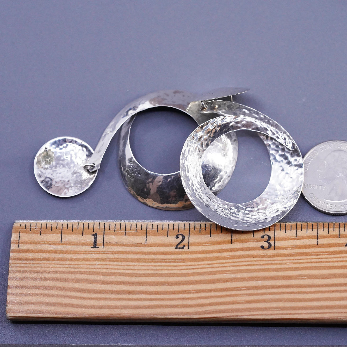Mexican HOB Sterling Silver Circle Dangle Earrings, Large Hoop Drop Earrings