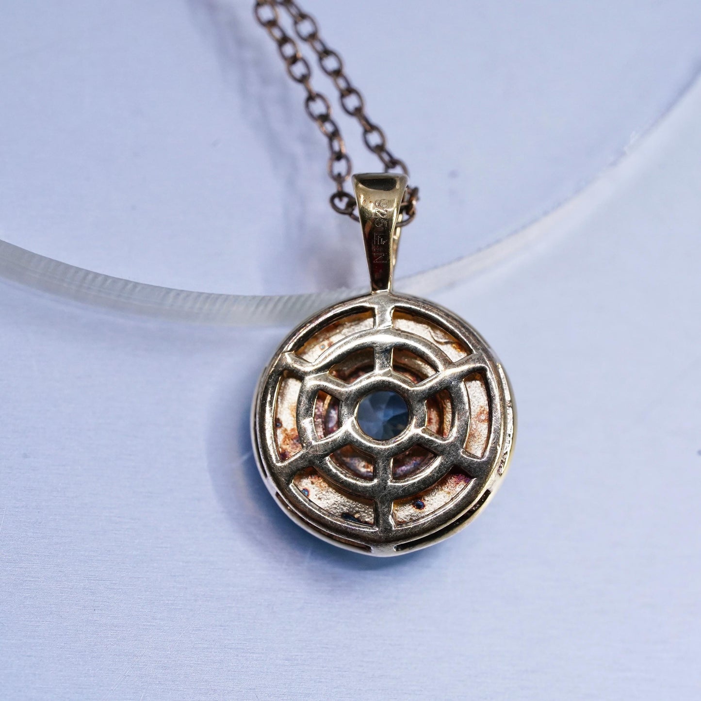 18", gold plated Sterling 925 silver circle necklace enamel blue topaz pendant
