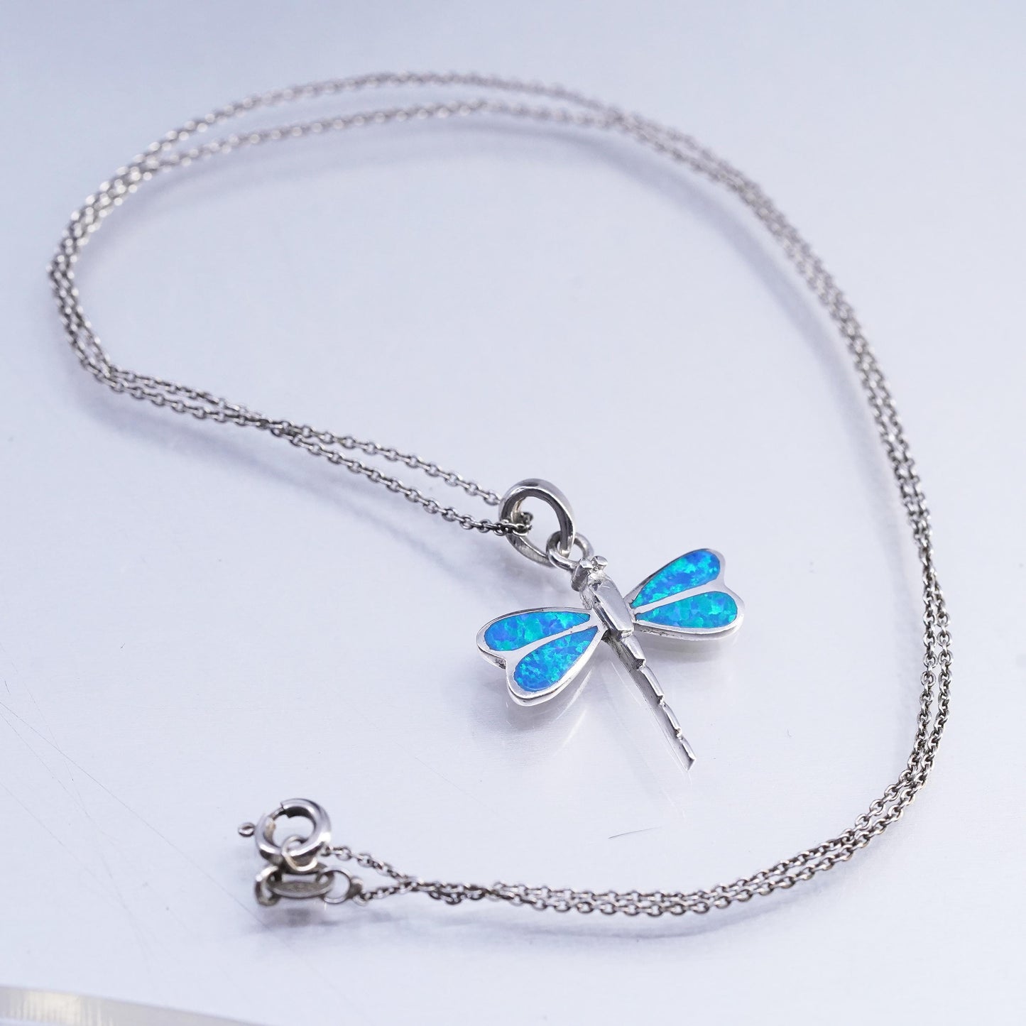 18", vintage Sterling 925 silver circle chain necklace opal dragonfly pendant