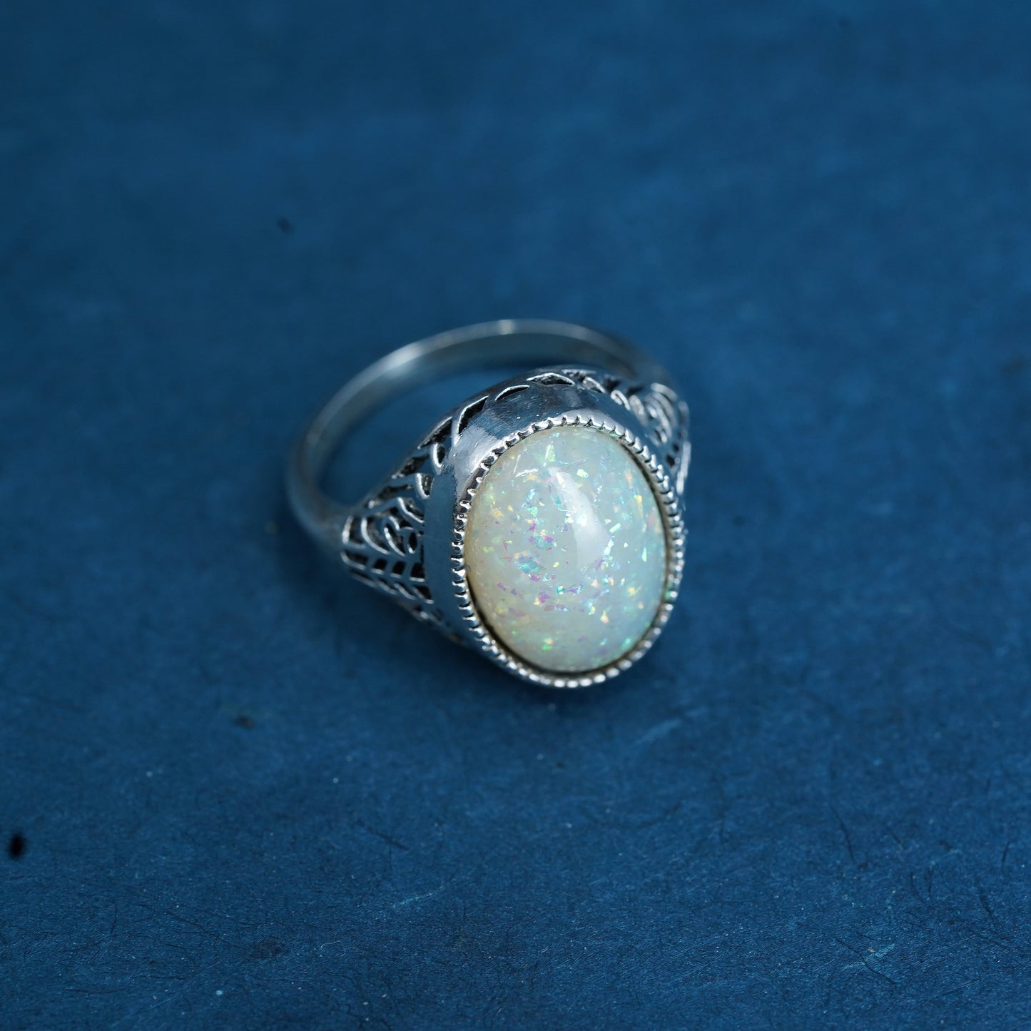 Size 6, Vintage Sterling 925 silver filigree handmade ring with opal