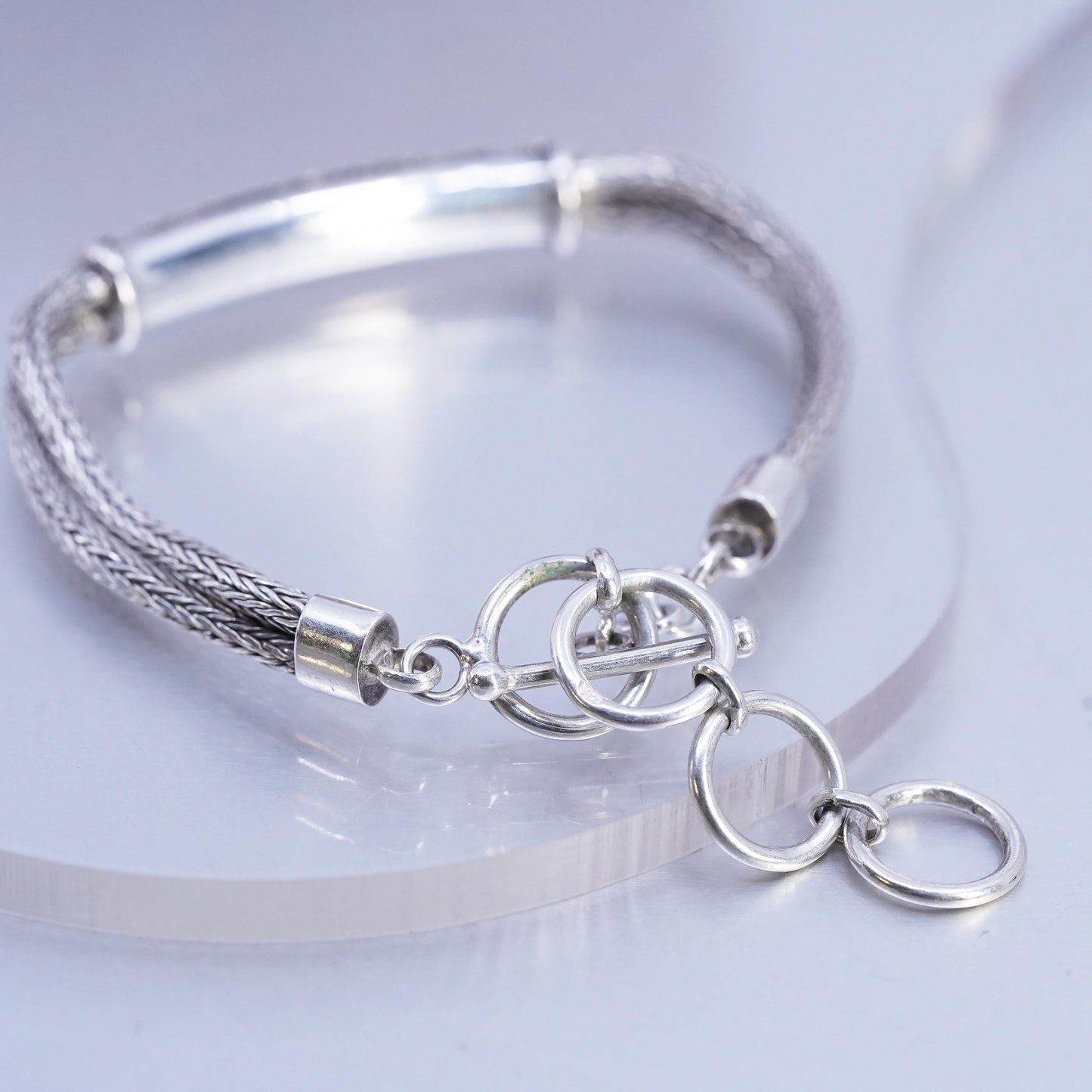 7+1.5", Sterling Silver Bracelet, 925 Double Wheat Chain bar, 12M rose gold