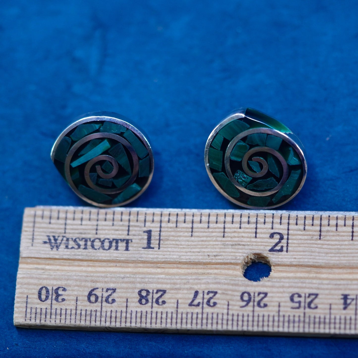 Mexico Sterling silver earrings, 925 circle spiral studs with malachite inlay