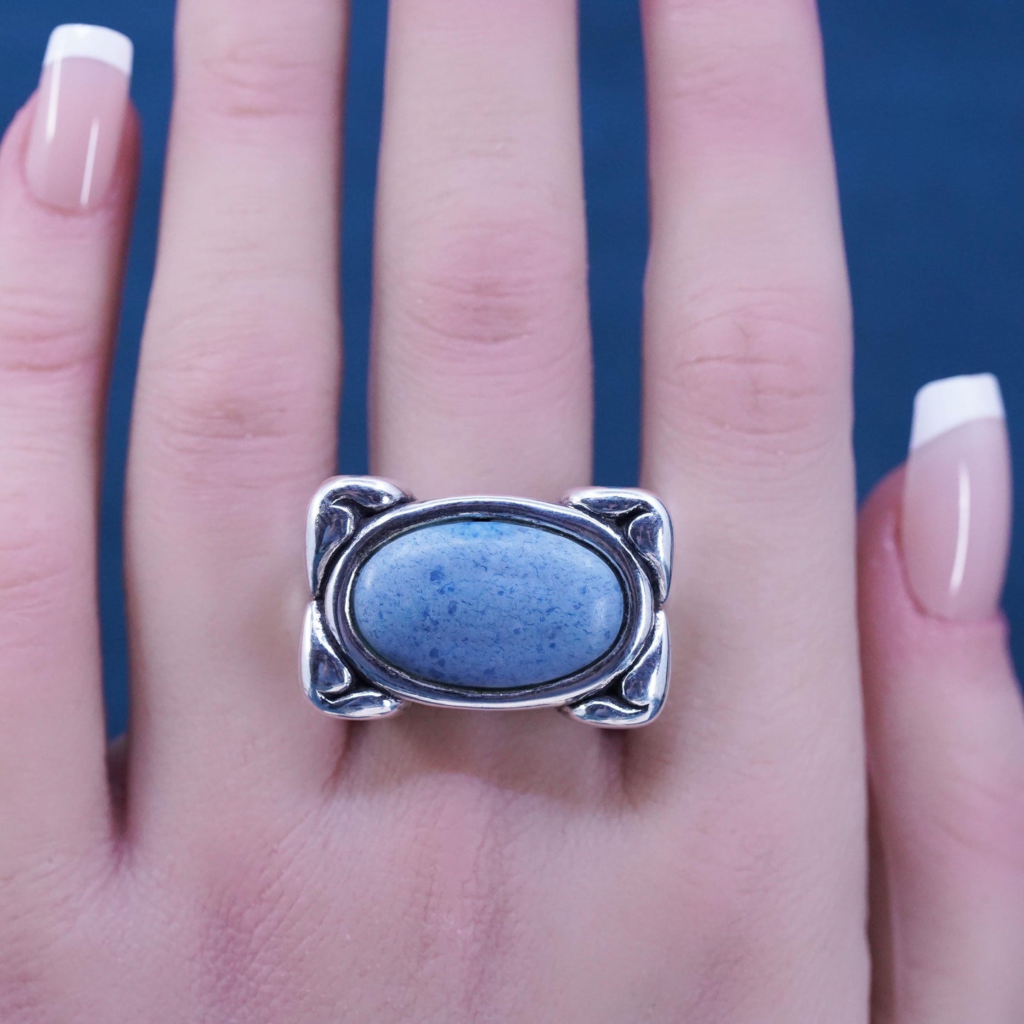 Size 9, Vintage sterling silver handmade statement ring with denim Lapis lazuli
