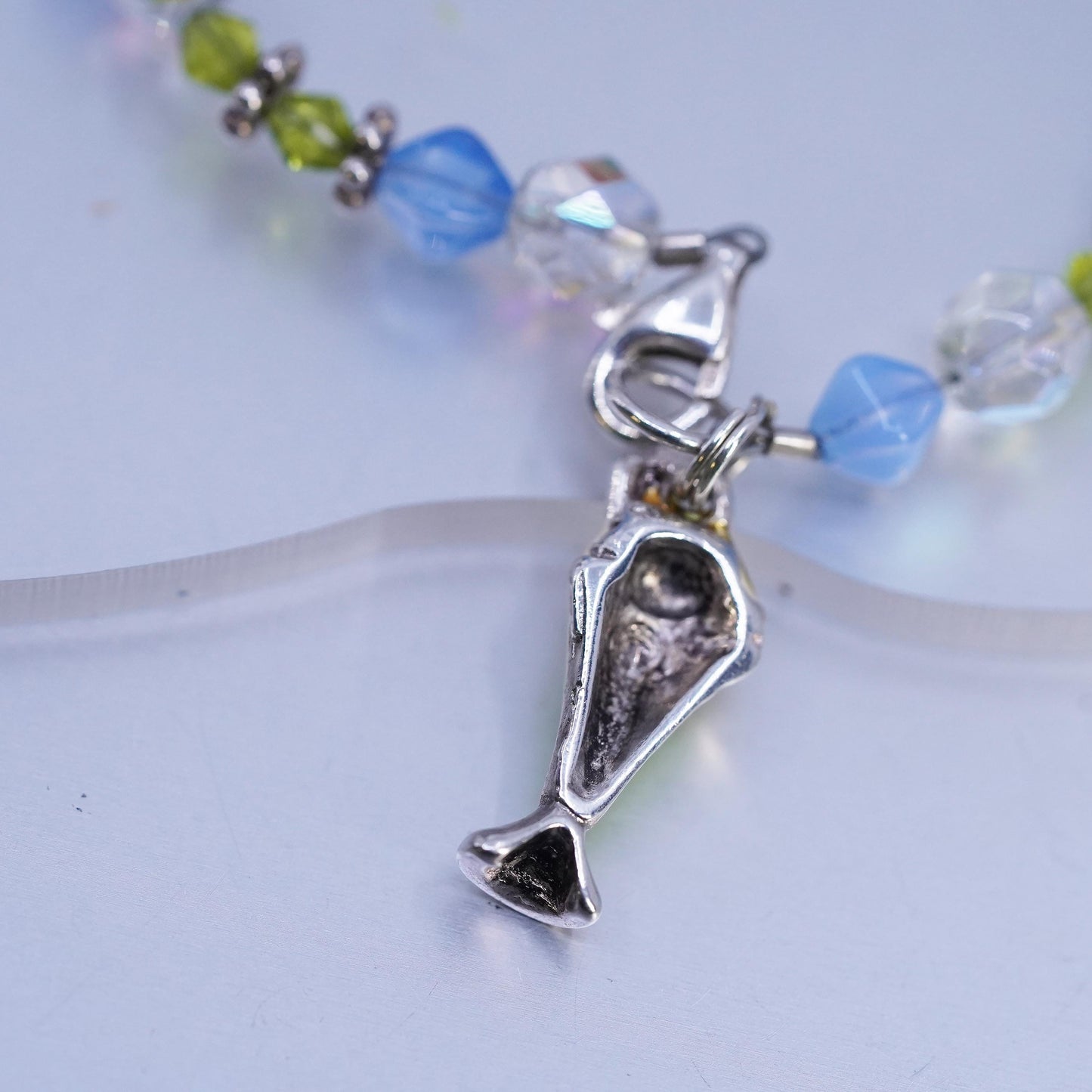 8.75", Sterling 925 Silver Bead Bracelet, green crystal chain ice cream charm