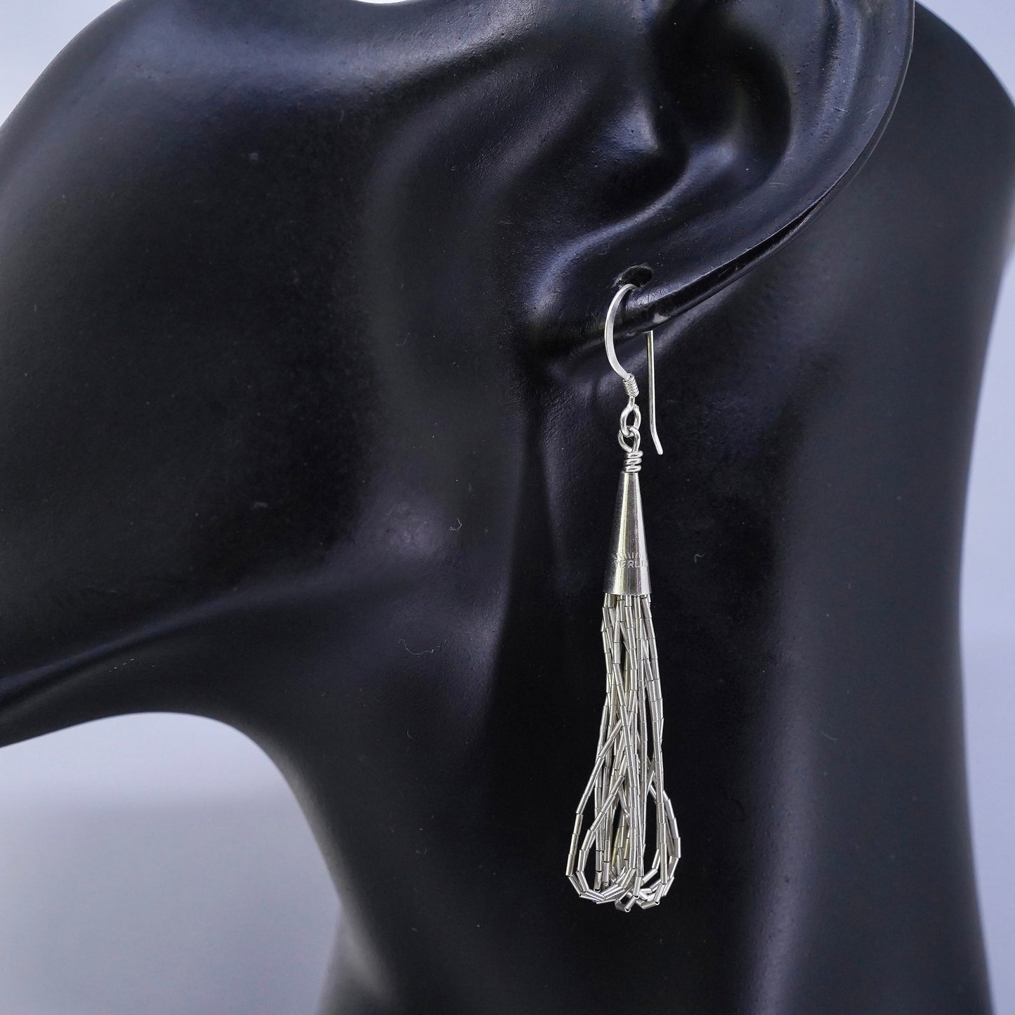 Vintage sterling 925 liquid silver handmade earrings with fringe drops