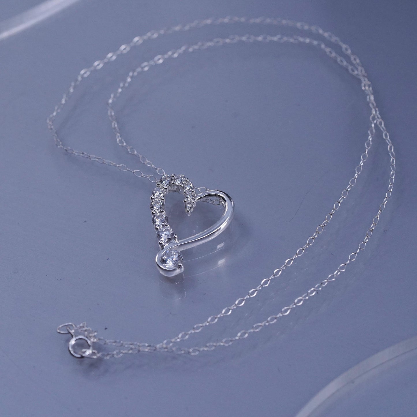 18”, vintage Sterling 925 silver handmade circle necklace with cz heart pendant