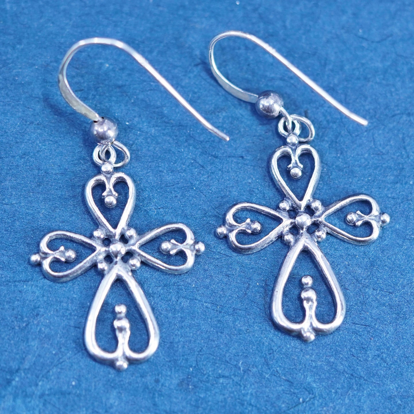 Vintage Sterling silver handmade earrings, 925 Bali filigree cross drops