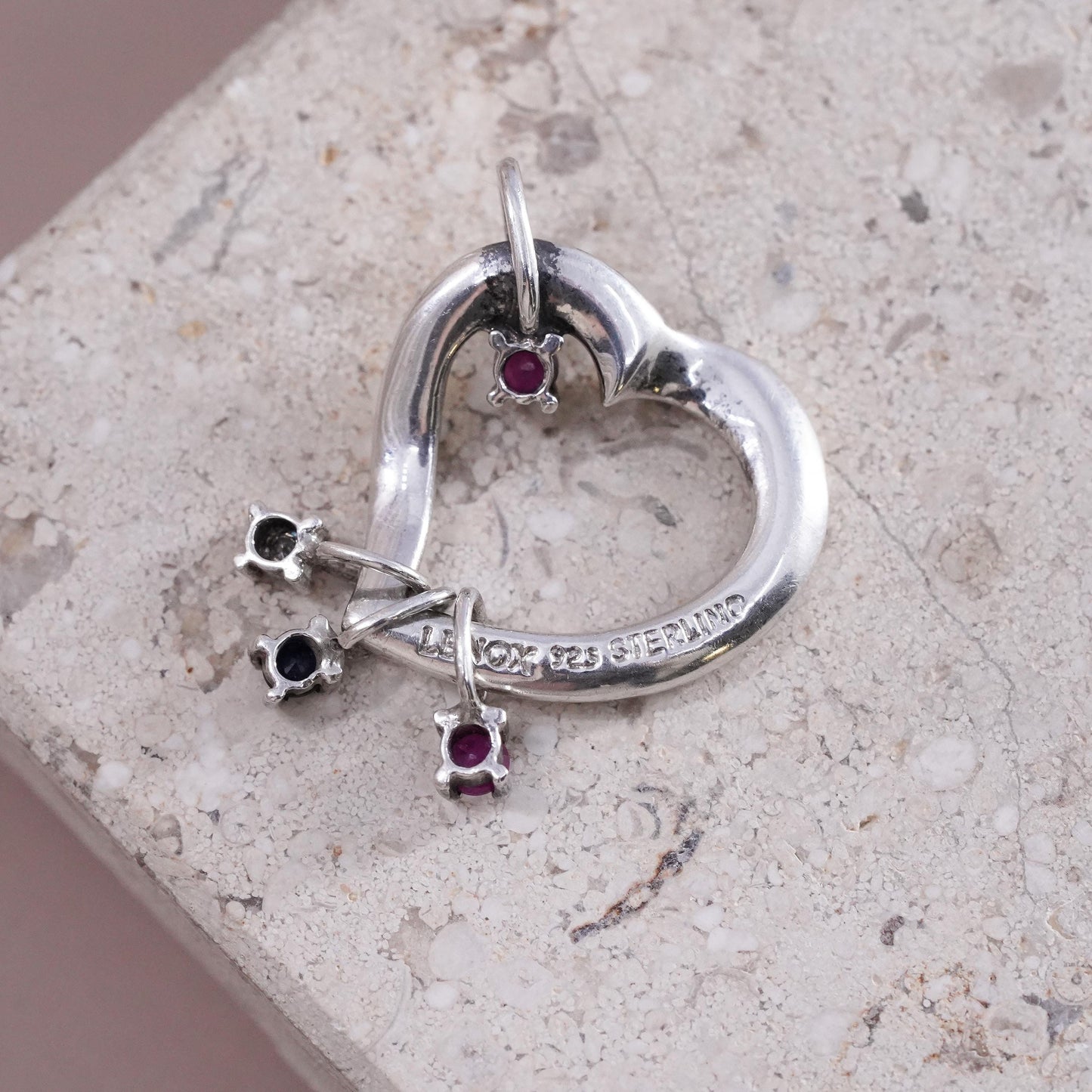 Lenox Sterling Silver Sliding ruby diamond Charm Pendant Heart Multi Birthstone