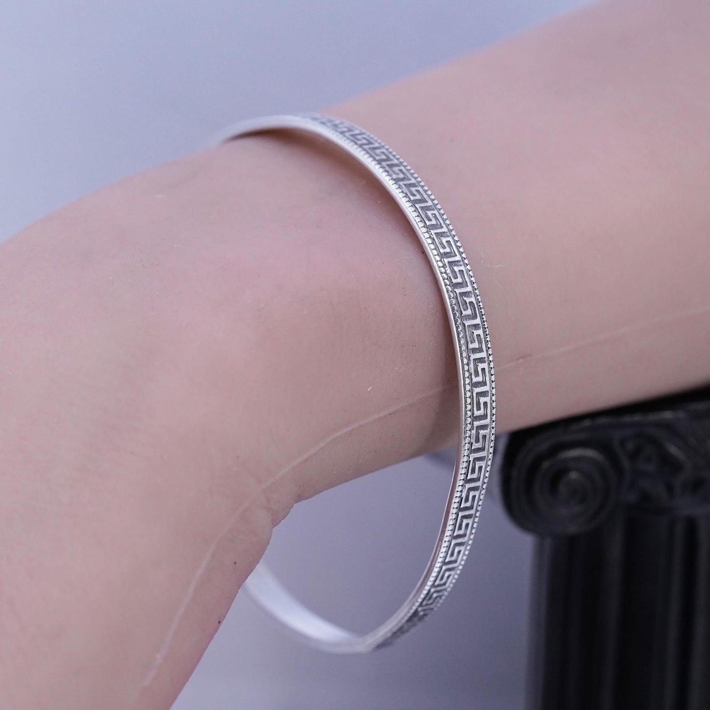 7.75", Vintage sterling silver 925 silver bracelet, greek key textured bangle