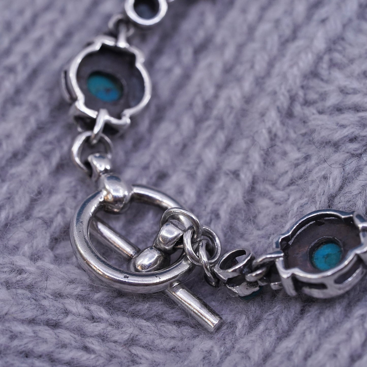 6.75”, sterling 925 silver handmade bracelet with turquoise and toggle closure